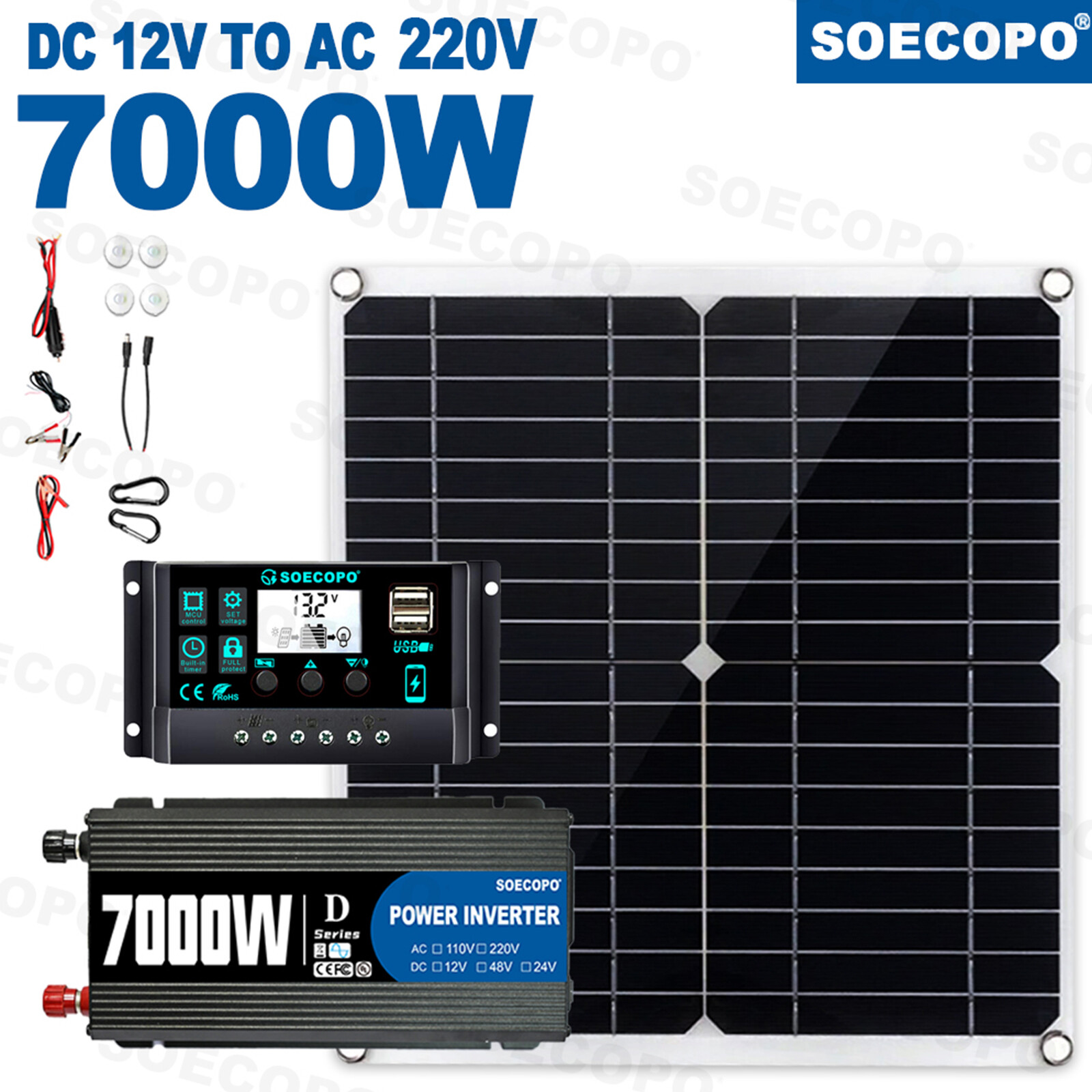 7000W Solar Kit 12V 110V Inverter Battery ChargerLighting/Camping W/300W Panel