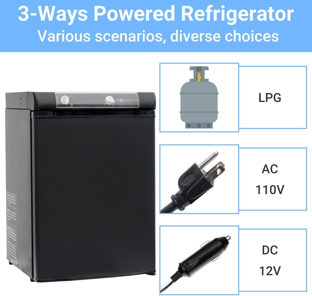 Smad 3 Way 12V 110V Propane Refrigerators 1.4 cu Camper RV Fridge Car Truck