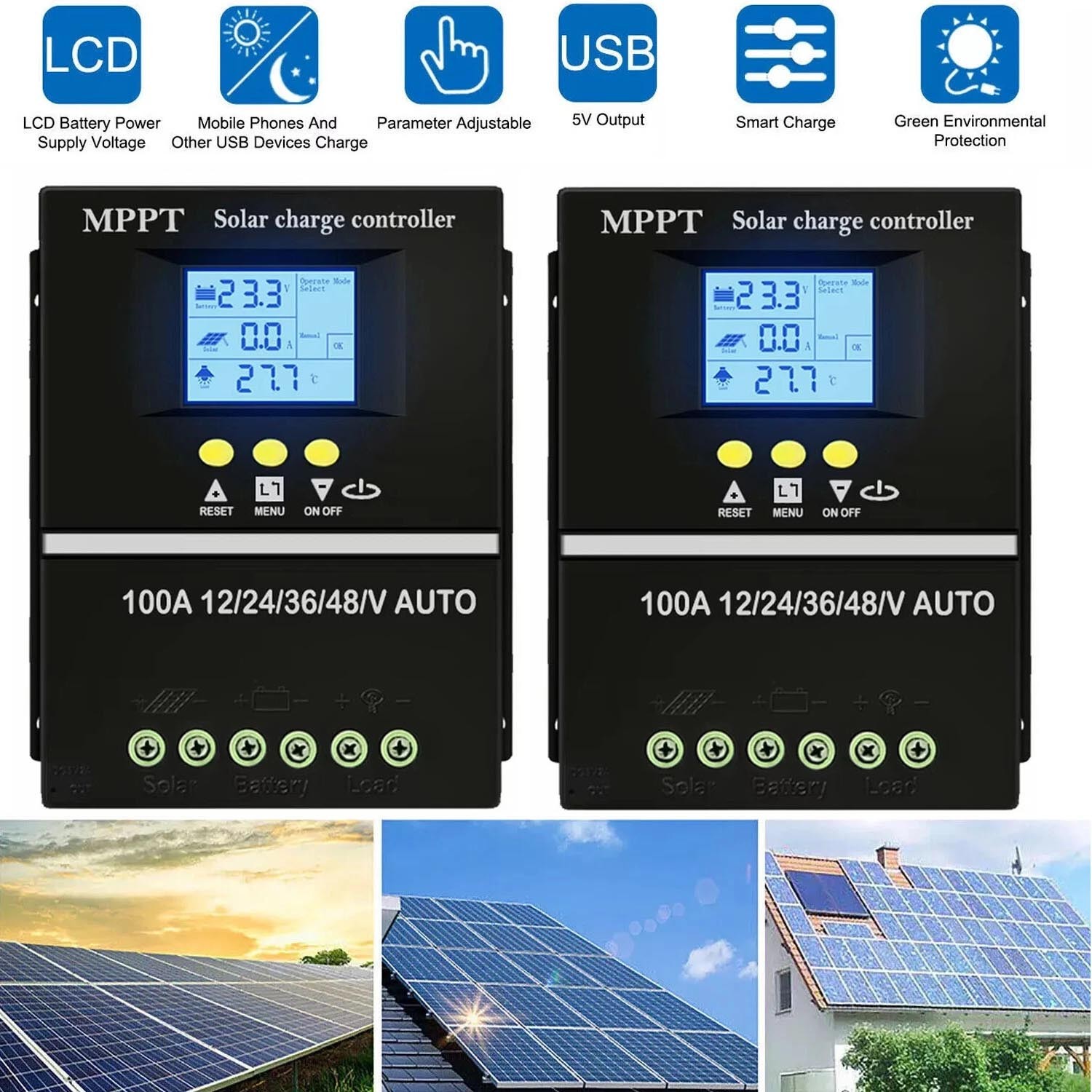 2x 4000W 100A MPPT Solar Charge Controller 12V 24V 36V 48V Battery PV Regulator