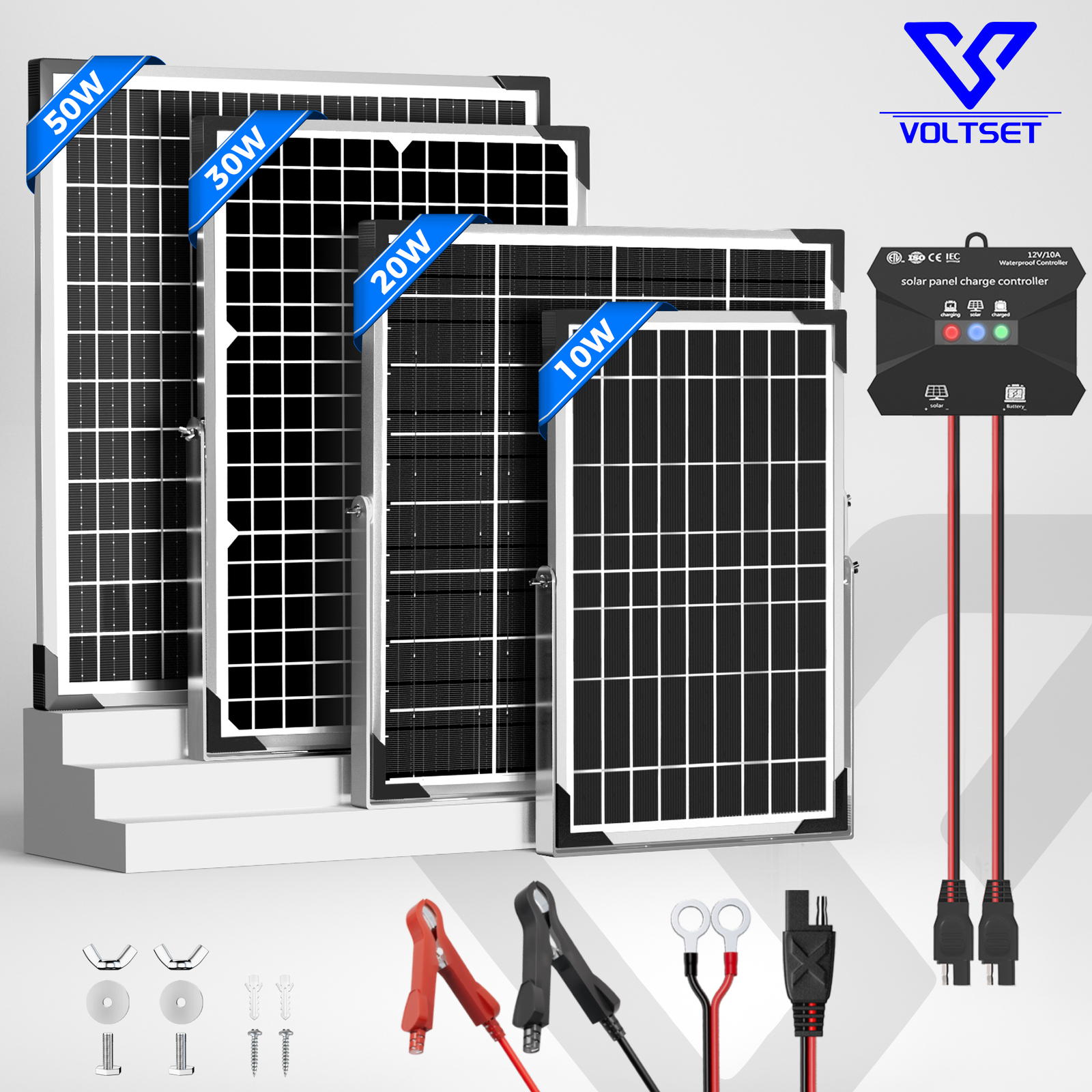 12V Solar Battery Trickle Charger 10W-50W Solar Panel Maintainer for Car RV Boat