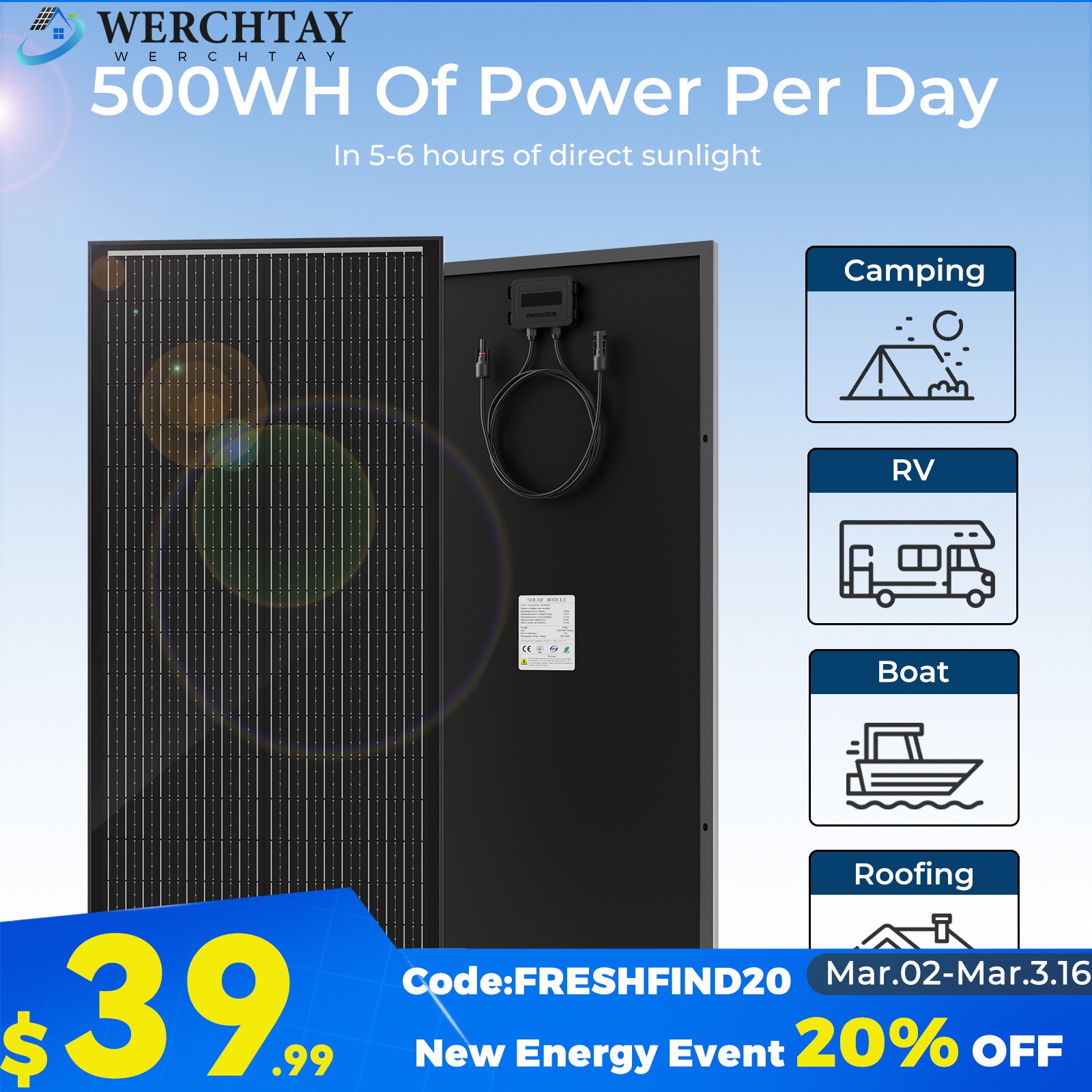 12V 100W Monocrystalline Solar Panel 18BB Charging RV Camping Home Off-Grid Boat