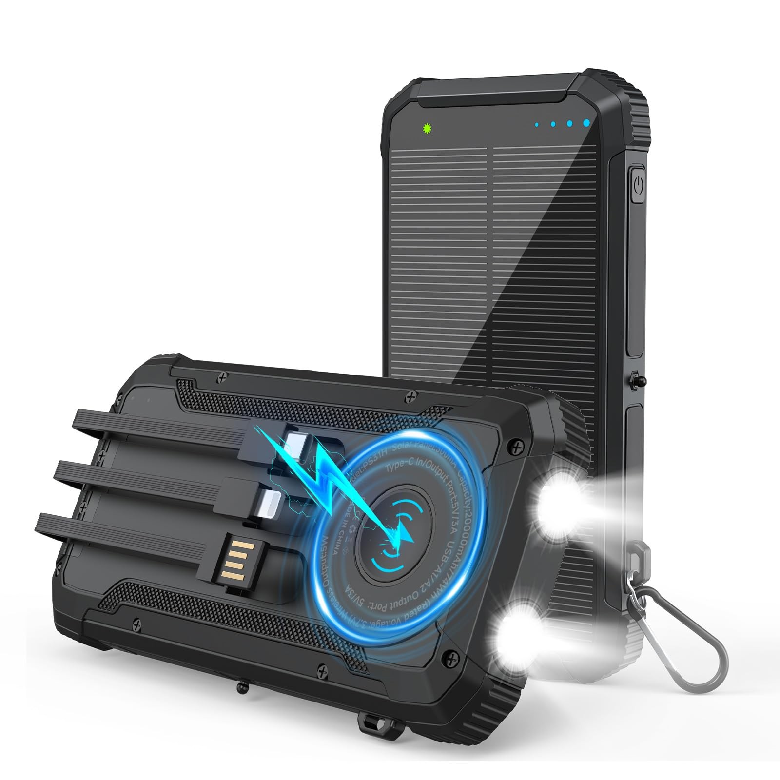 Solar Power Bank 20000mAh Wireless Portable Charger Built-in 3 Cables 15W USB…