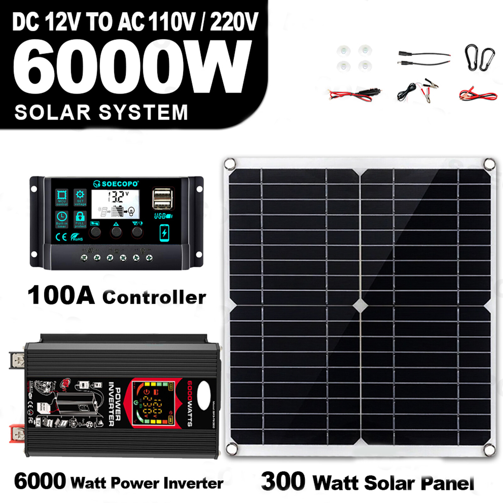 6000W Solar Panel Set Solar Power Inverter Generator 100A Home 110V Grid Syste