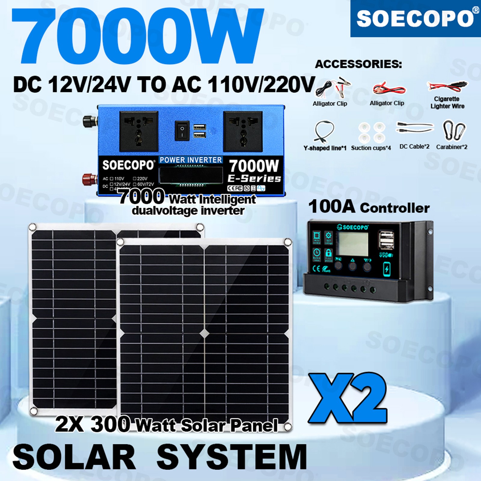 Powerful 7000W Solar Generator Kit | Inverter, 2pcs Solar Panels + Controller