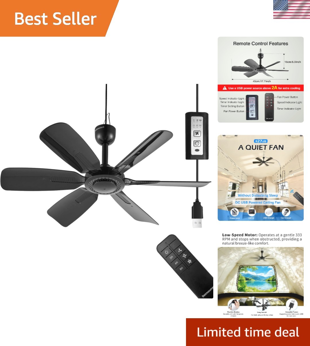 17.7″ Portable Ceiling Fan with Remote Control – Quiet, USB-Powered Versatility