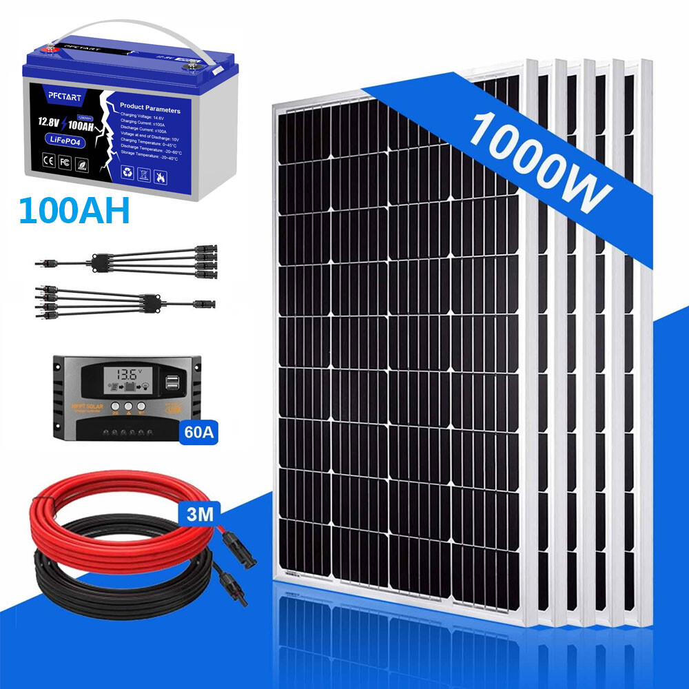 1000W 12V Solar Panel Kit Off-grid for Home RV Boat Caravan With LiFePO4 Battery