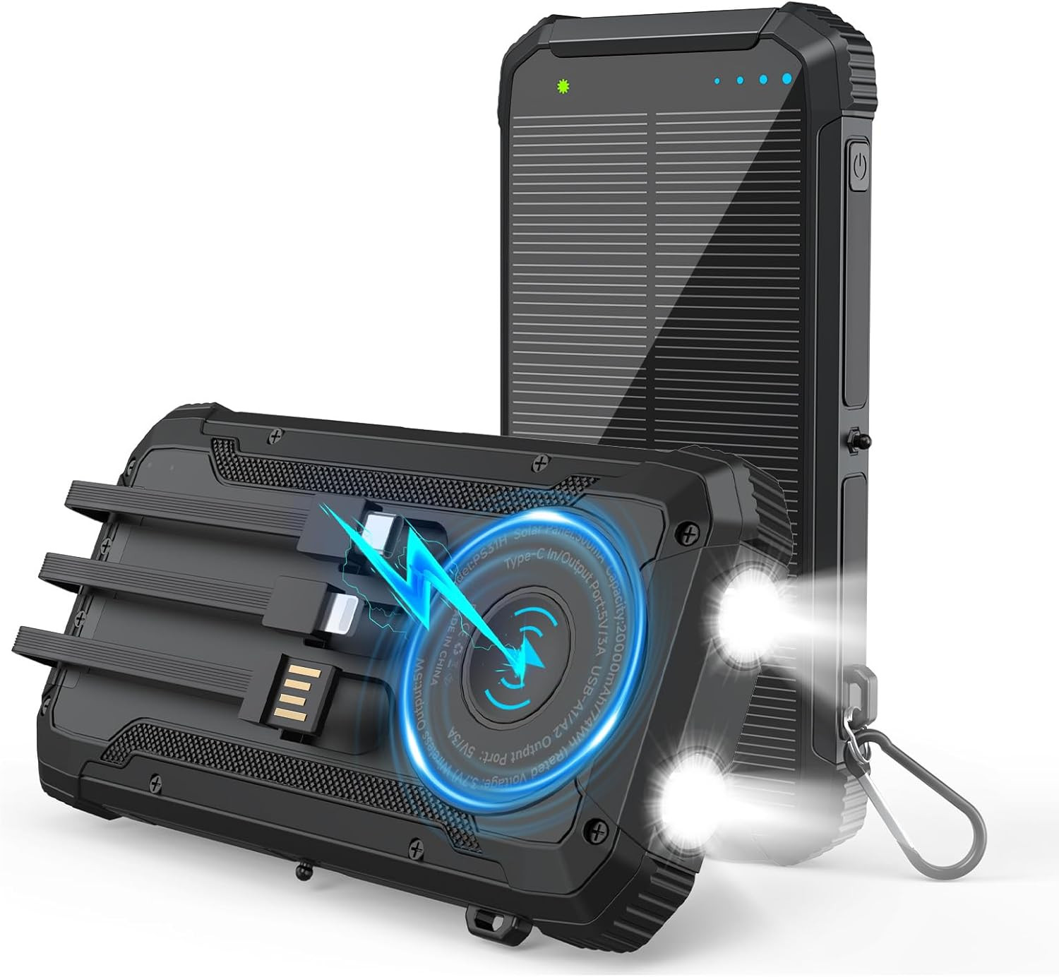 Solar Power Bank 20000Mah Wireless Portable Charger Built-In 3 Cables 15W USB-C