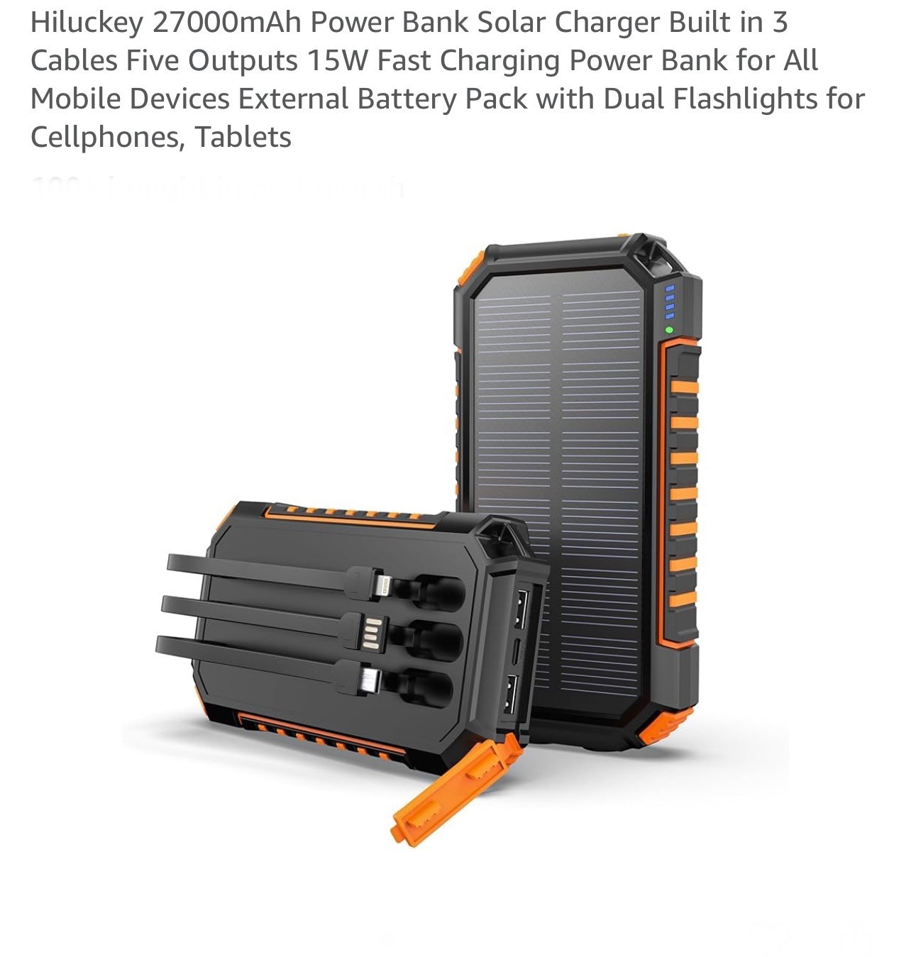 NIB~ Hiluckey T11X 2700 mAh Power Bank Solar 3 Cables Fast Charging 15W Orange