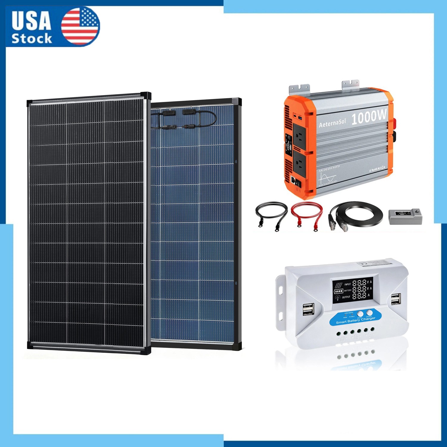 1000W Complete Solar Panel Kit Solar Power Generator 30A PWM Charge Controller