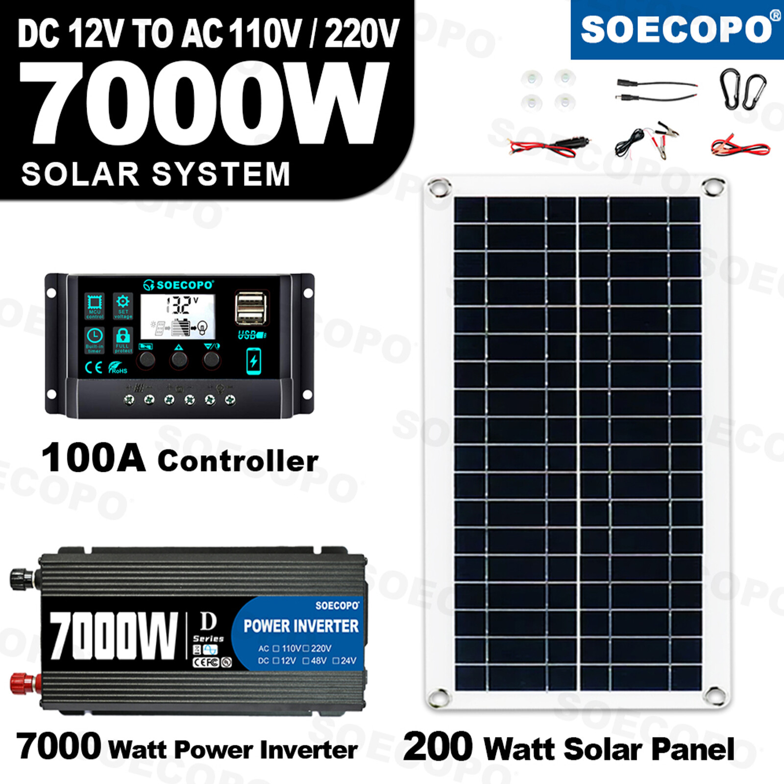7000W Complete Solar Panel Kit Solar Power Generator 100A 110V/220V Home Syste