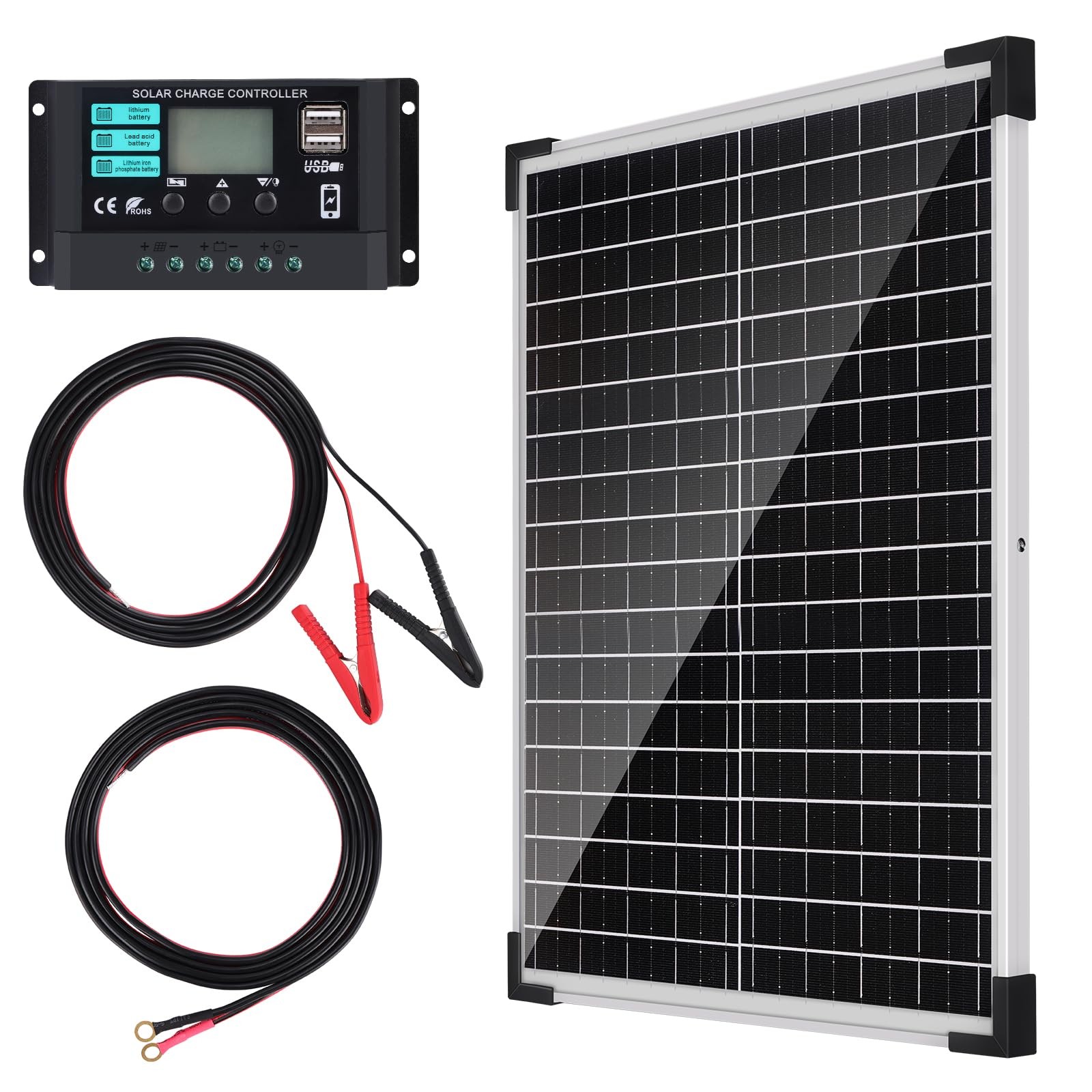 Solar Panel Kit 25W 12V Monocrystalline Battery Maintainer with10A 25W, Black