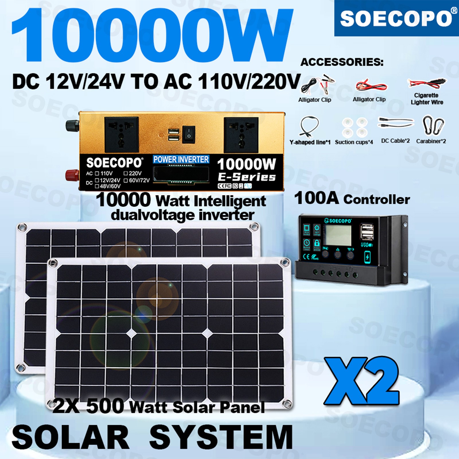 10000W Solar Kit Inverter 12V24V-110V/220V + 2pcs Solar Panels + Controller 100A