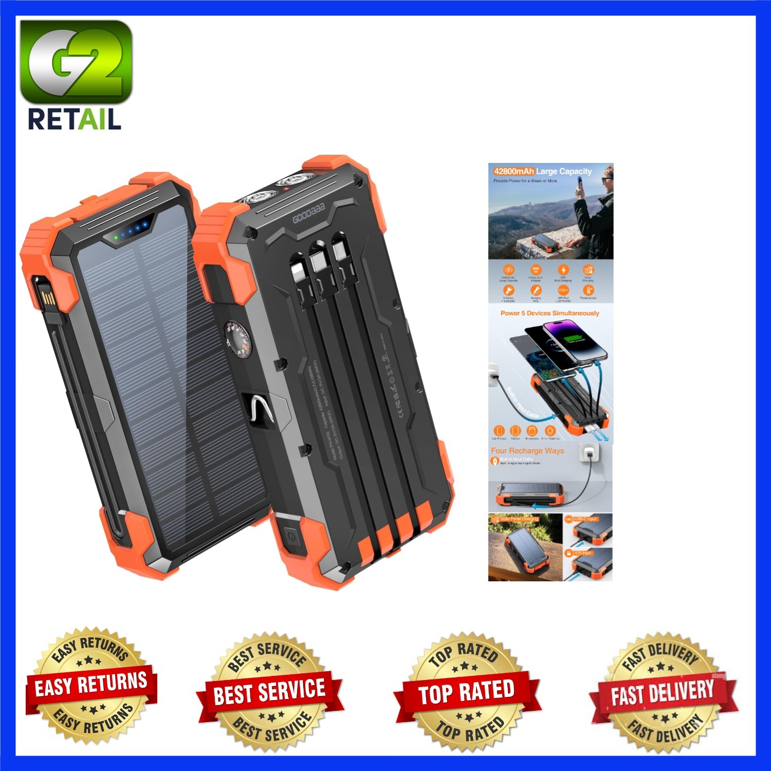 Ultra-Durable 42800mAh Power Bank with 5 Outputs, LED Flashlight + Thermometer