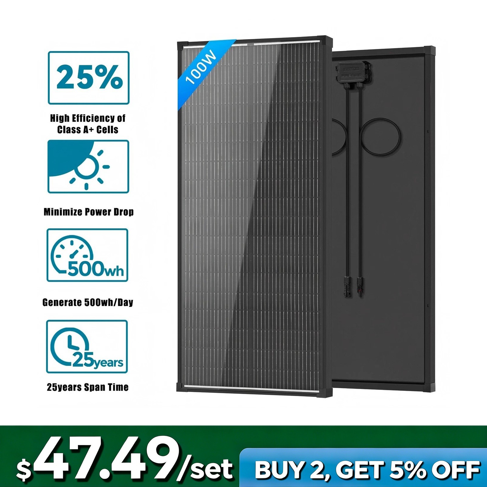 100W Solar Panel 18V Monocrystalline N-Type Off-Grid RV Camp Home Caravan Boat