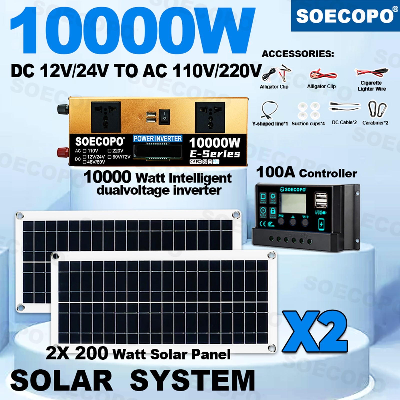 10000W Solar Kit | Includes Inverter, 2pcs 200W Solar Panels 100A Controller.