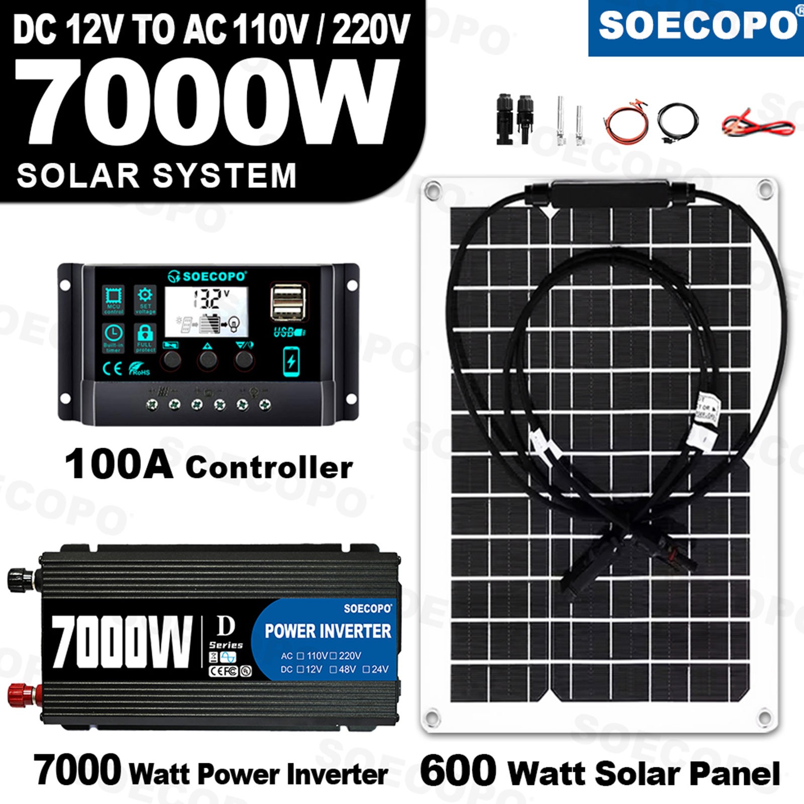 SOECOPO 7000W Peak Solar System Kit Flexible Panel for Camping RV Home charger