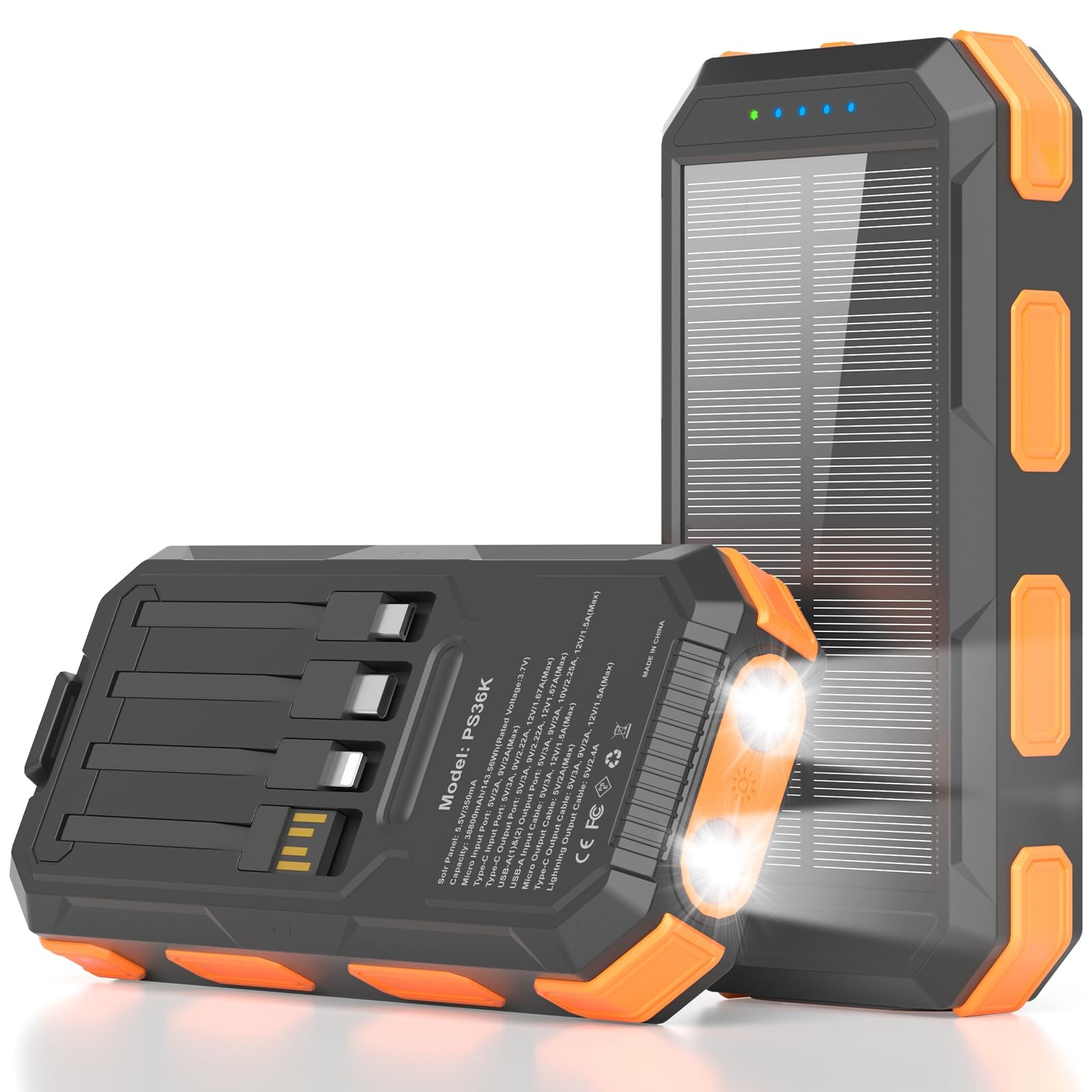 Solar Power Bank 38800mAh, Portable Charger, 4 Cables 4 Orange