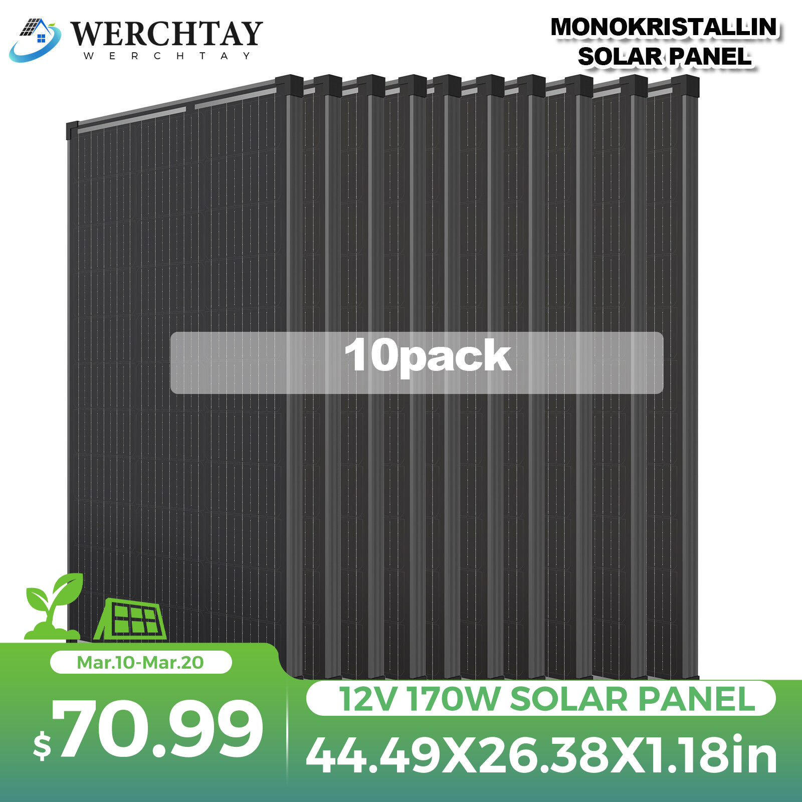 100W 170W 200W 300W Watt Monocrystalline Solar Panel 12V RV Boat Home Off Grid