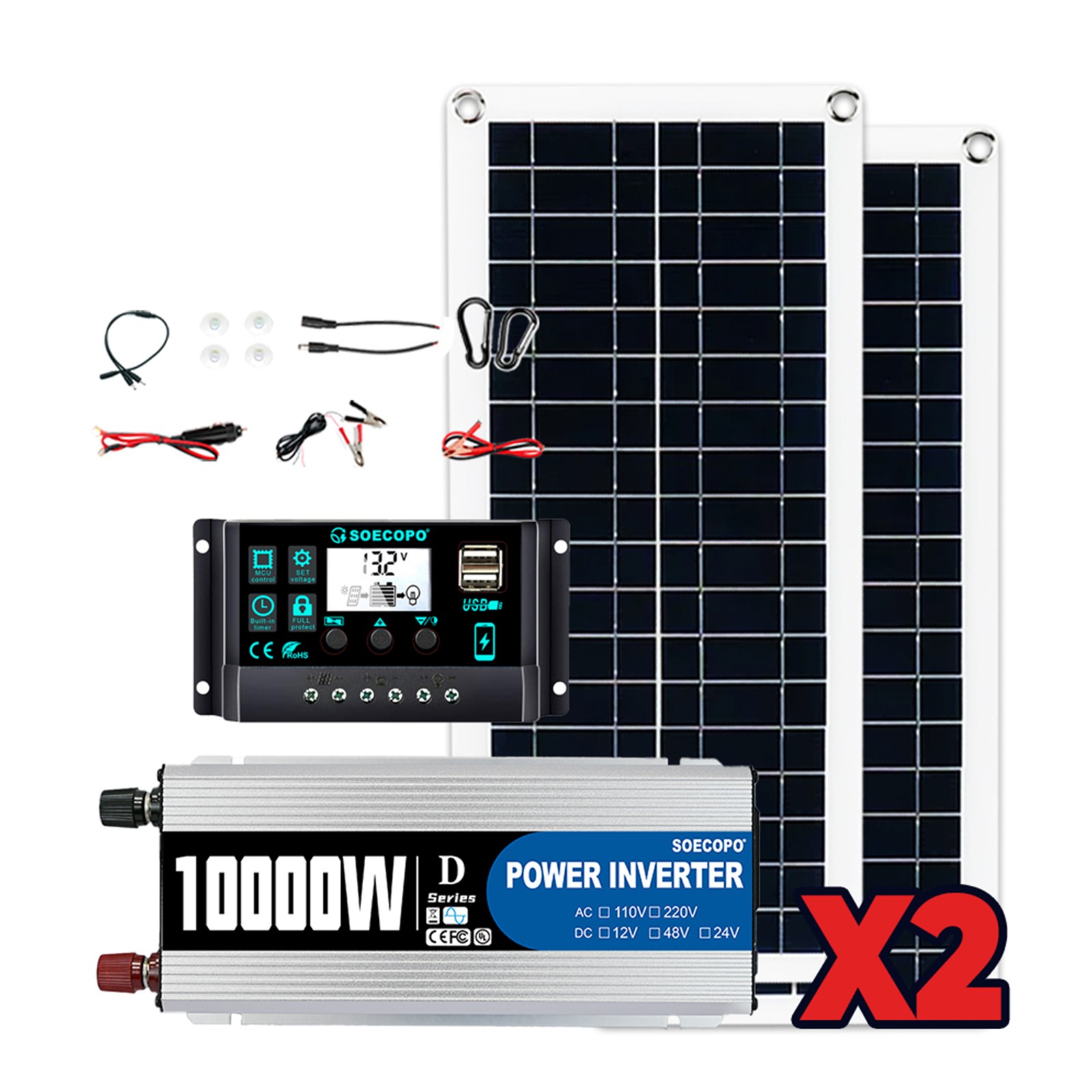10000W Inverter (12V-110V/220V) + 2pcs Solar Panels + Charge Controller 100AAp