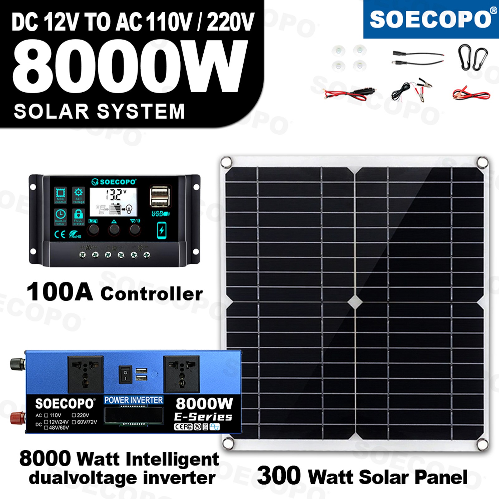 Solar Full 8000w 110/220V Inverter 300W Solar Panel  Home 100A Controller SystXo