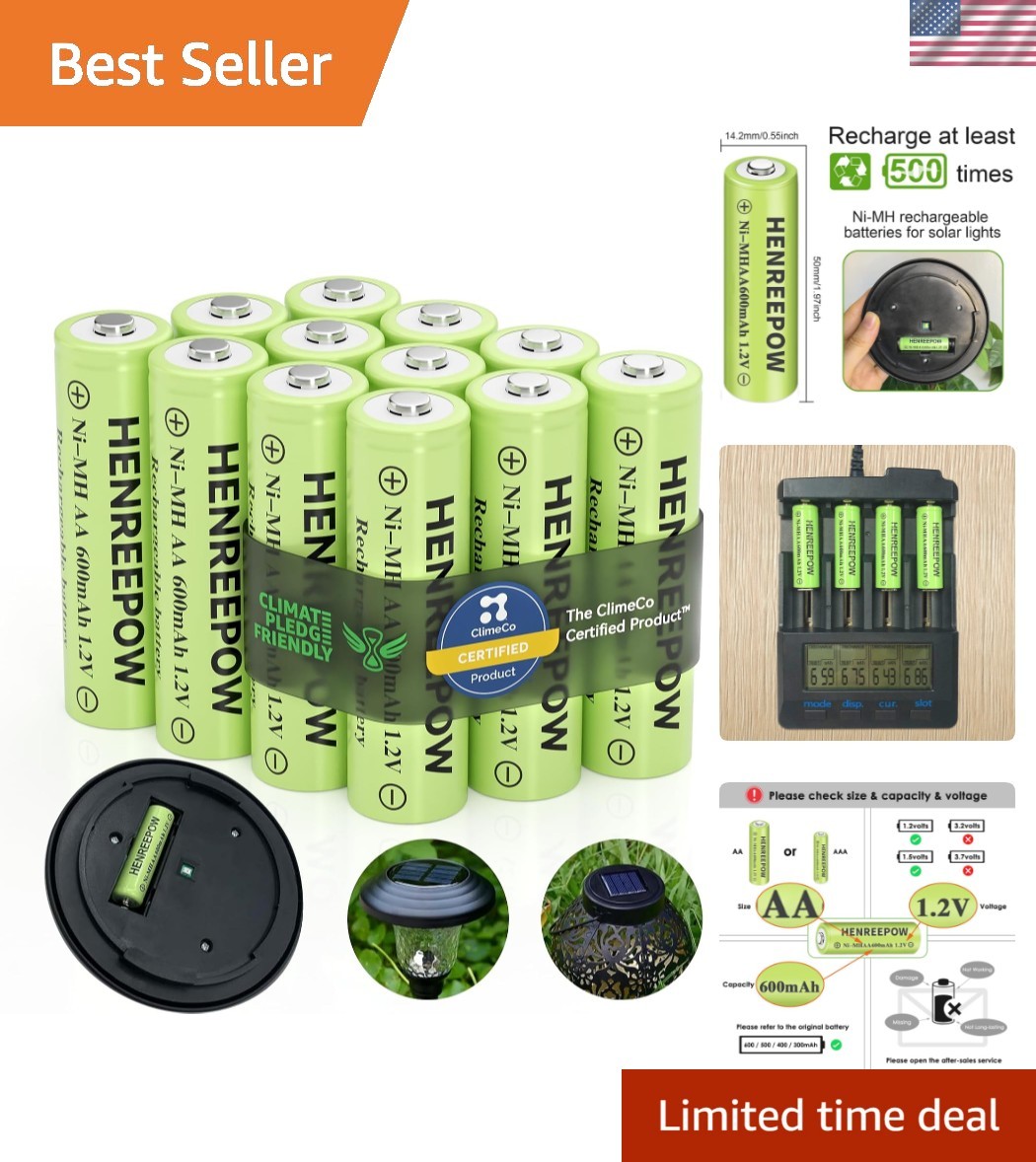 Ni-MH AA Rechargeable Batteries 600mAh 12 Pack for Solar Lights Remote Toys