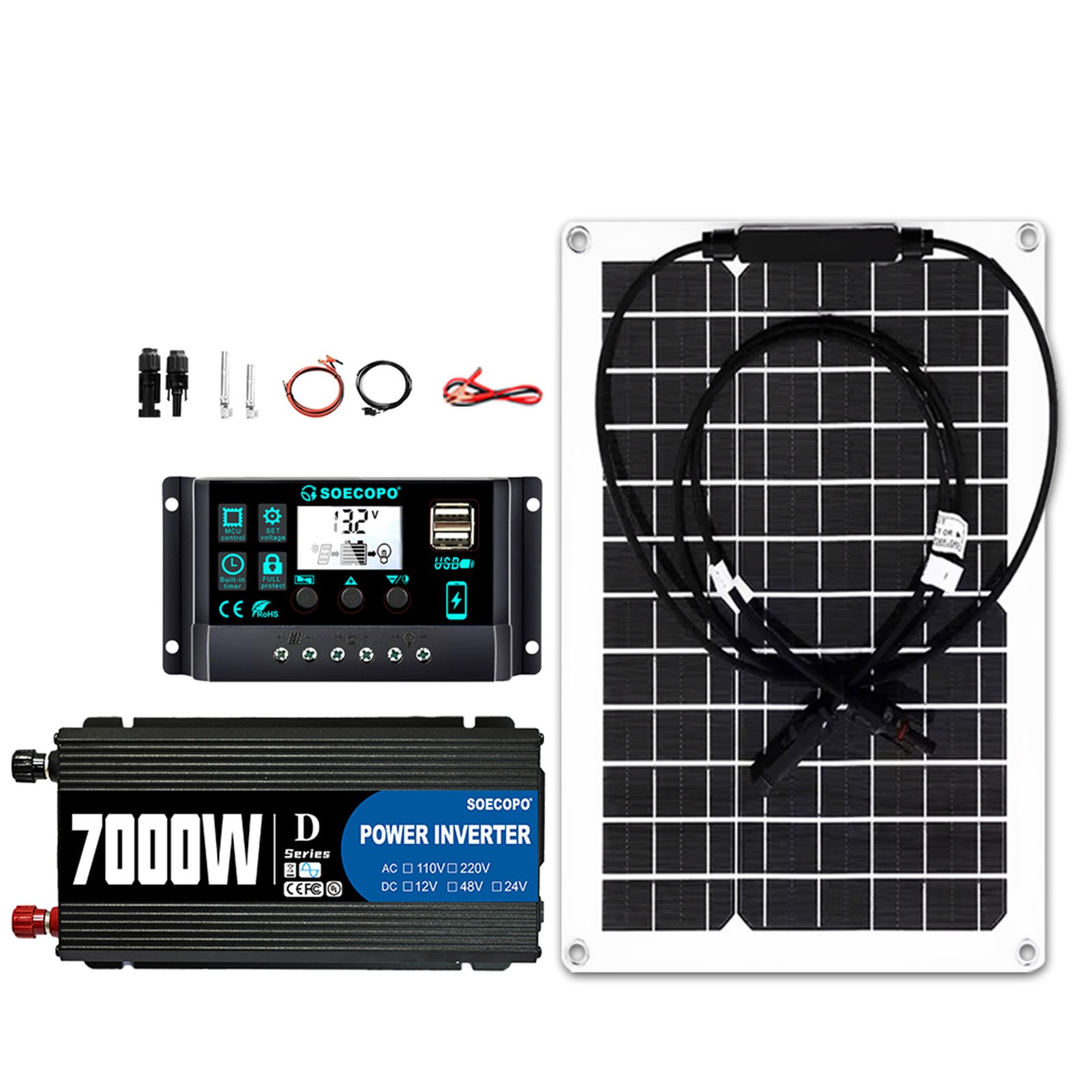 SOECOPO 7000W Peak Solar System Flexible Panel 100A Controller 12V To 110/220V