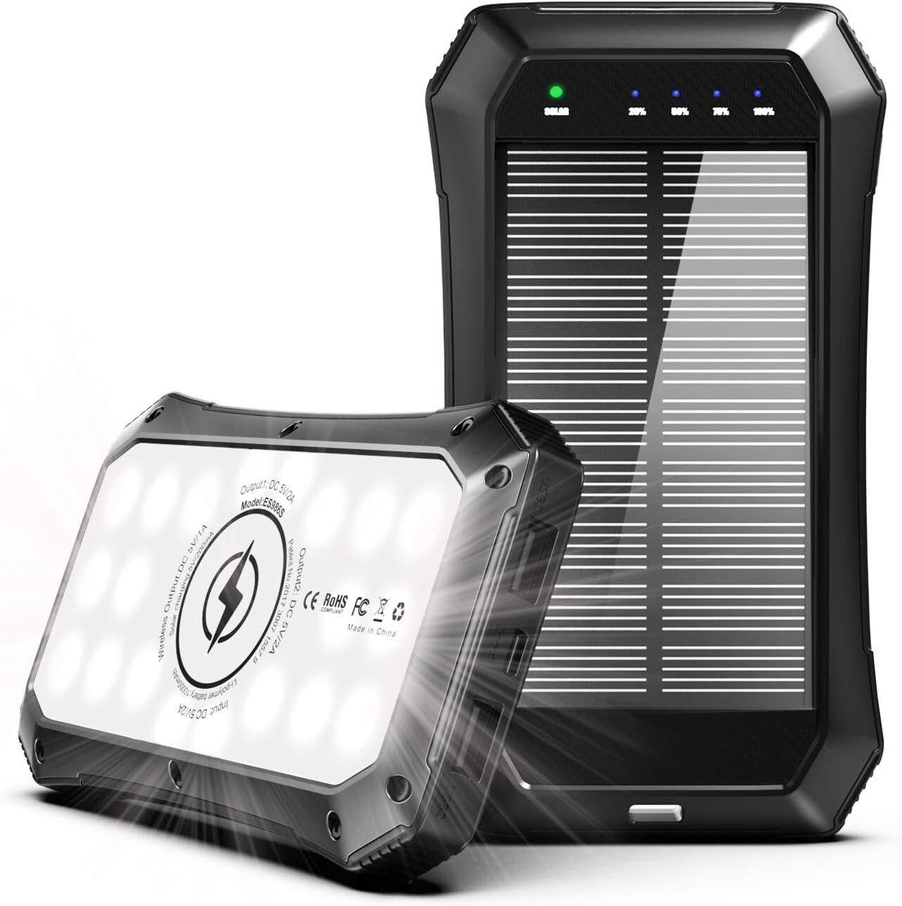 ABFOCE Solar Power Bank 10000mAh with 20 LED Lights and Qi Solar