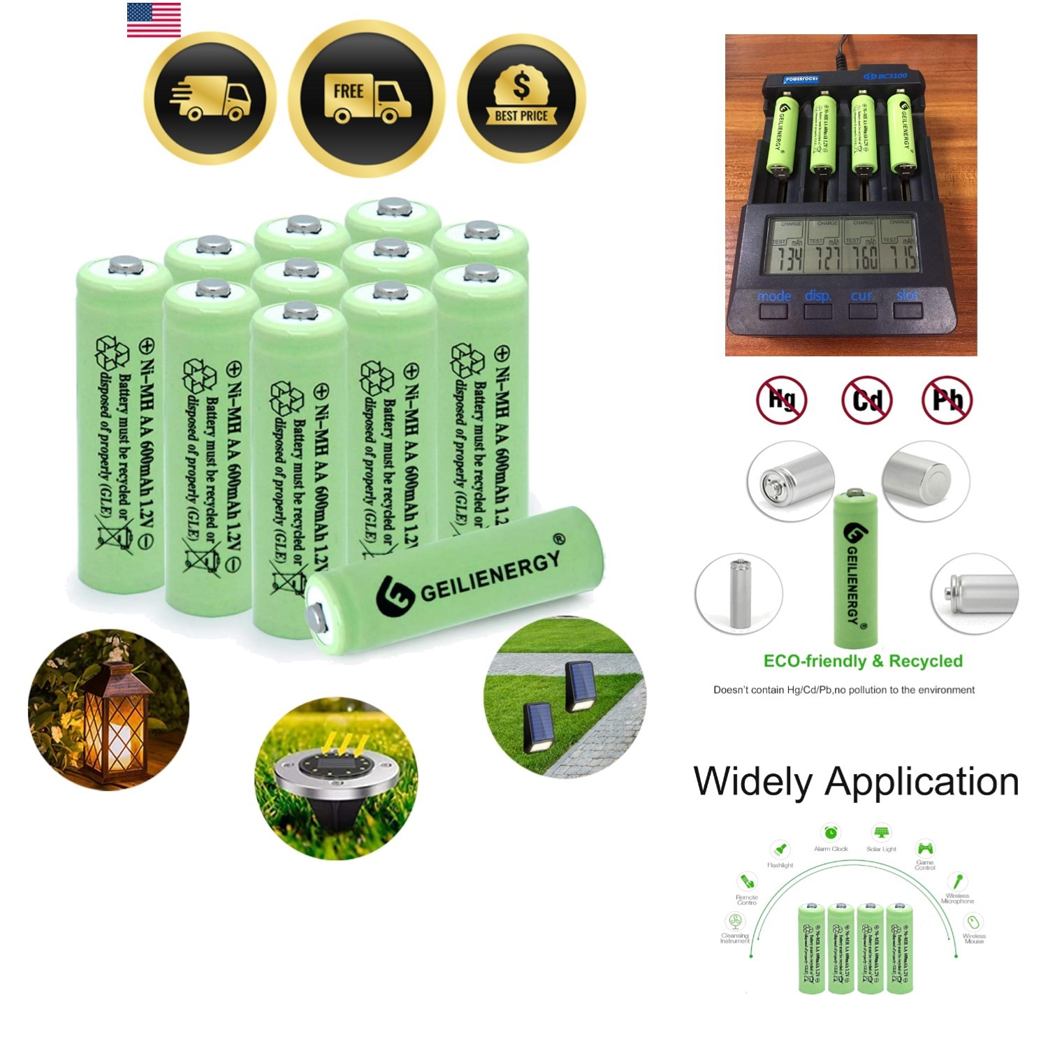 Rechargeable AA Batteries 600mAh Ni-MH 1.2V Solar Power 12 Pack