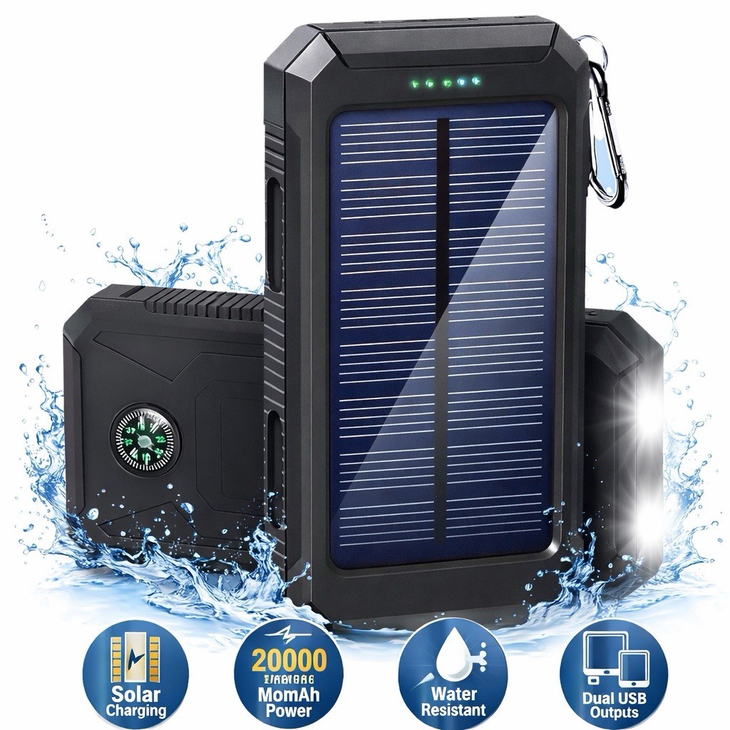 Solar Power Bank 20000mAh Waterproof Portable Charger Dual USB LED Light