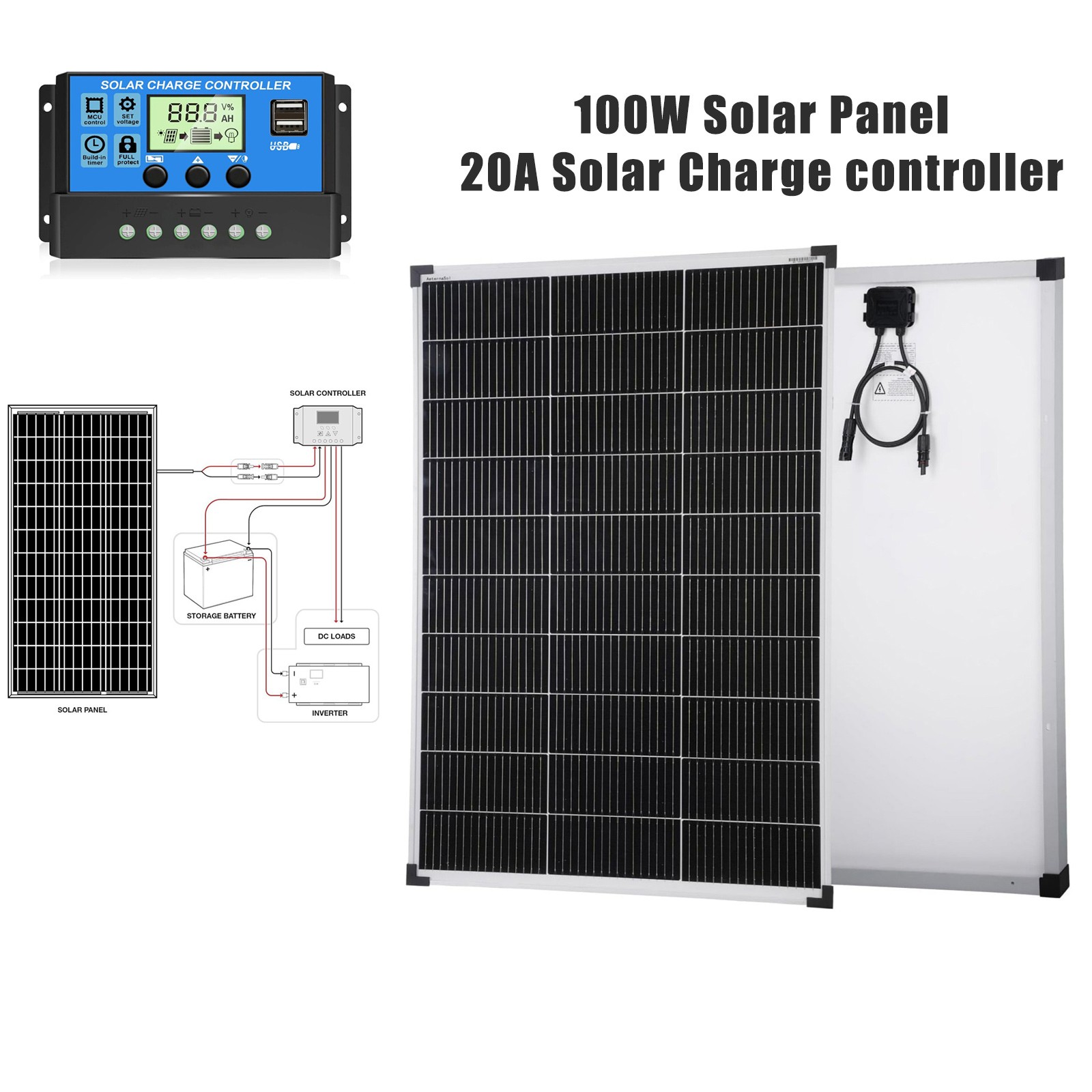 100W Solar Panel Kit Mono 18V PV Off-Grid Battery Power Charge Roof Home RV Boat