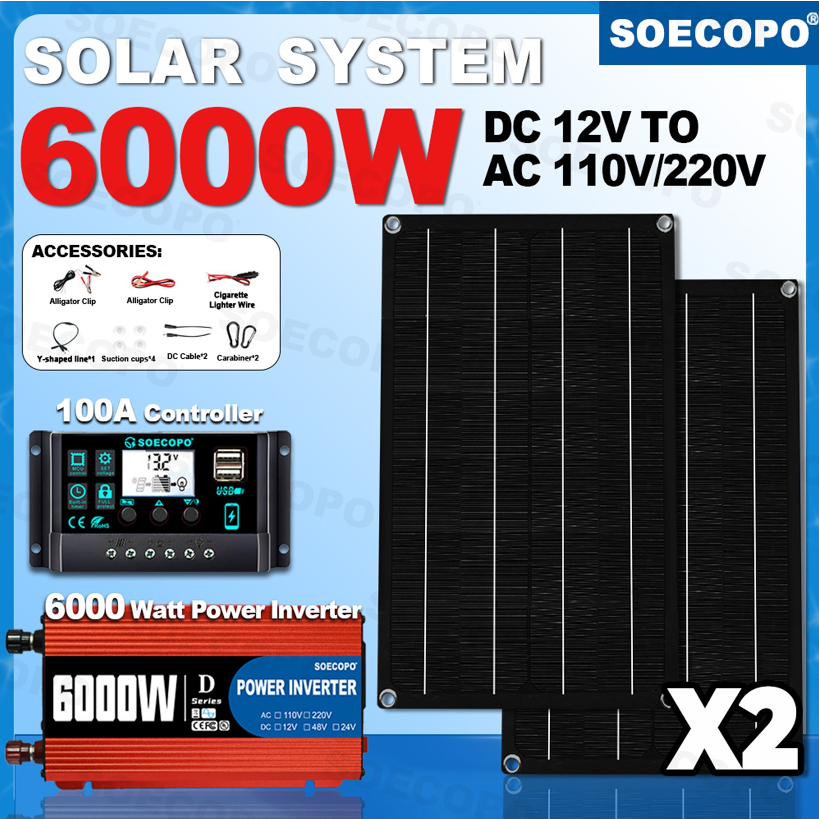 6000W DC to AC Solar Inverter Kit | Includes 2pcs Solar Panels & Charge Controll