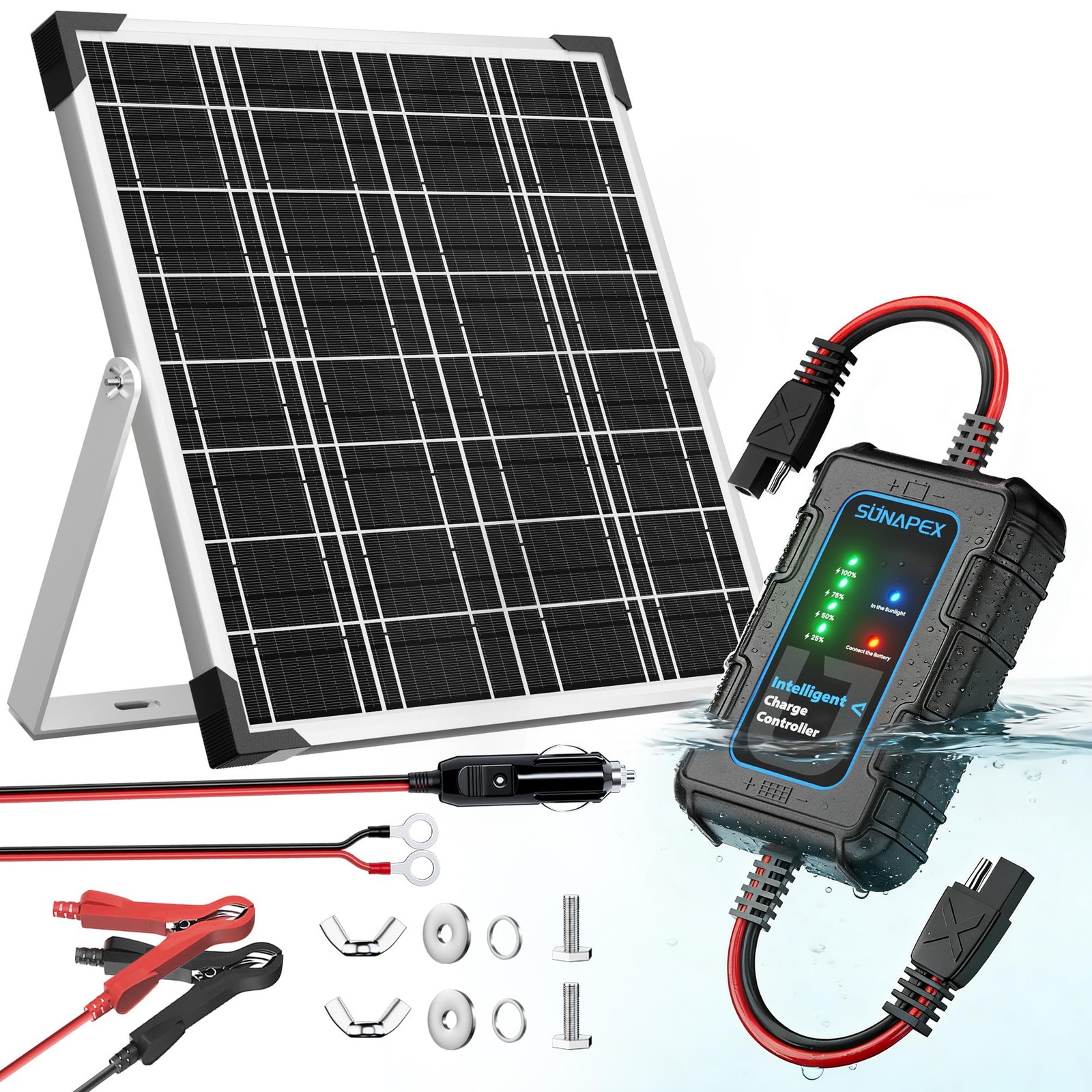 SUNAPEX 12V Solar Battery Charger 20W Waterproof Solar Panel Kit Aluminum Trickl