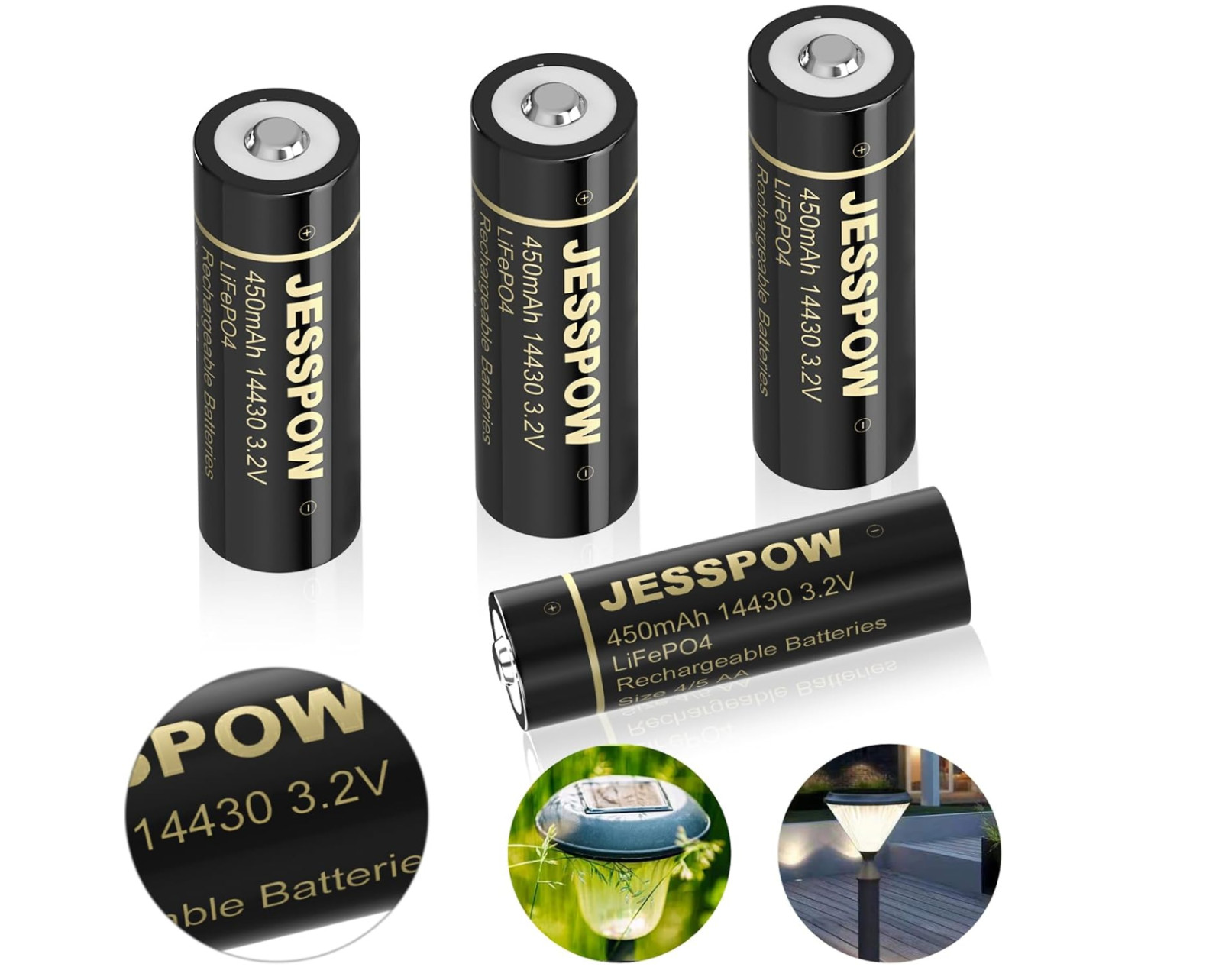 14430 Battery, 14430 3.2V 450mAh LiFePo4 Rechargeable Solar Batteries 4 Pack for