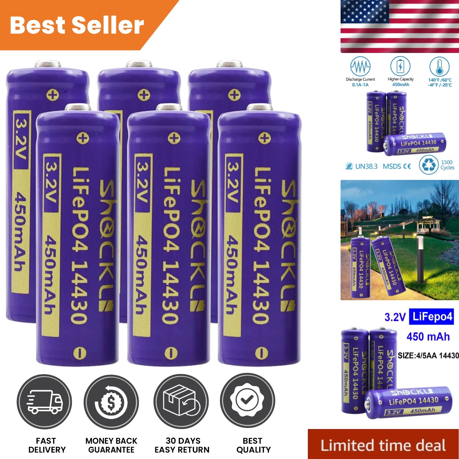 Efficient 6-Pack LiFePo4 14430 Solar Batteries for Landscape Lighting – 450mAh