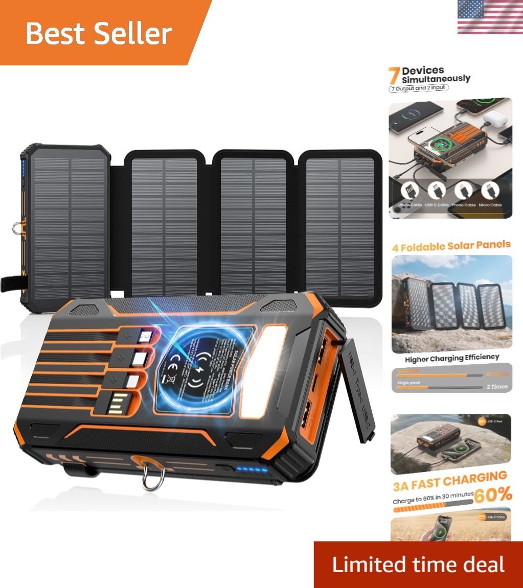 High-Capacity Solar Power Bank – 48000mAh, 4 Solar Panels for Camping & Travel