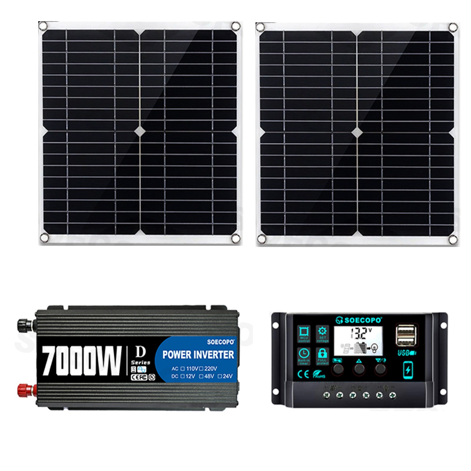 US Complete 7000W Off-Grid Solar Kit 7000W Inverter 2pcs 300W Solar Panels 110V