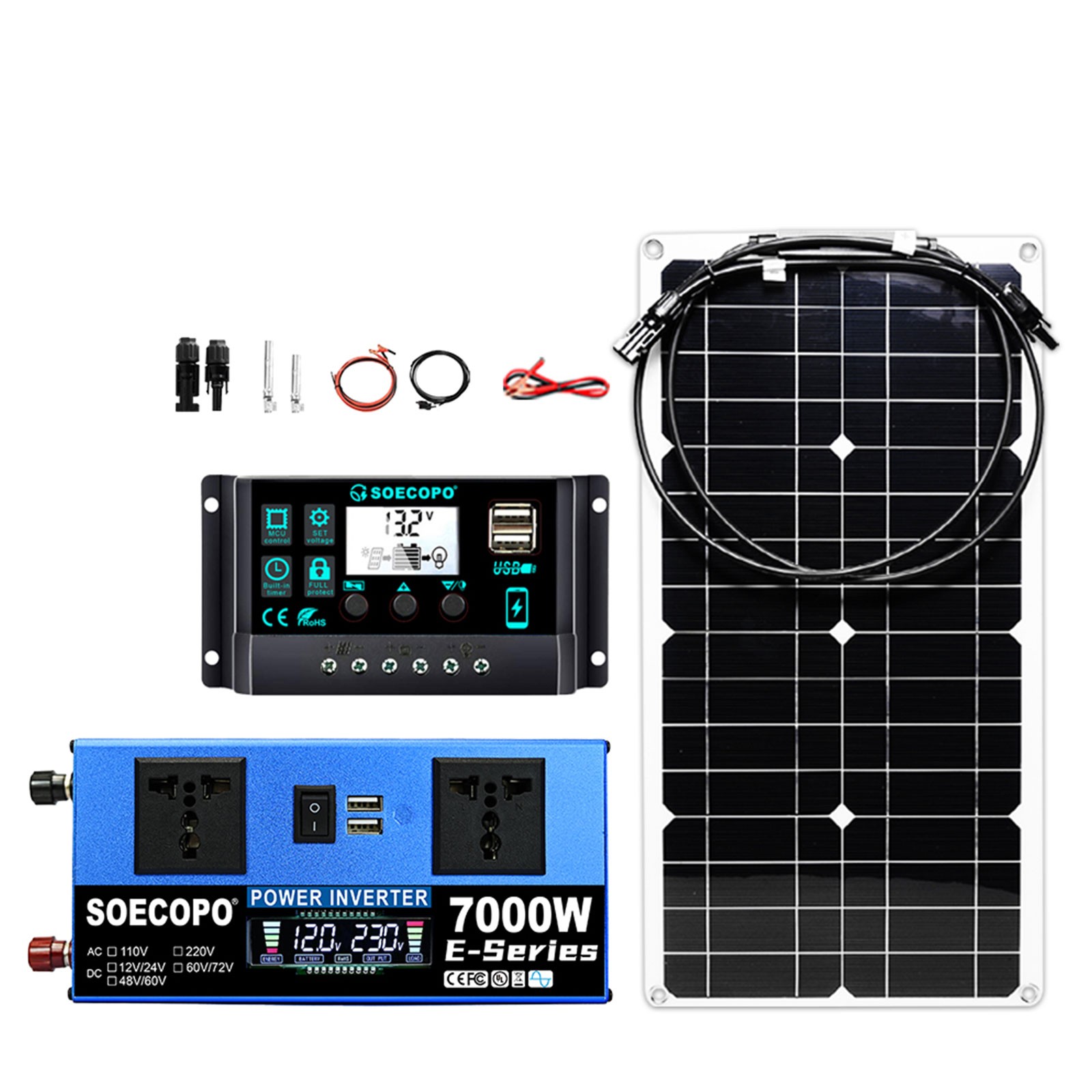 7000W Peak Solar System Kit Flexible Panel DC12V24V AC110V/220V Inverter 100A