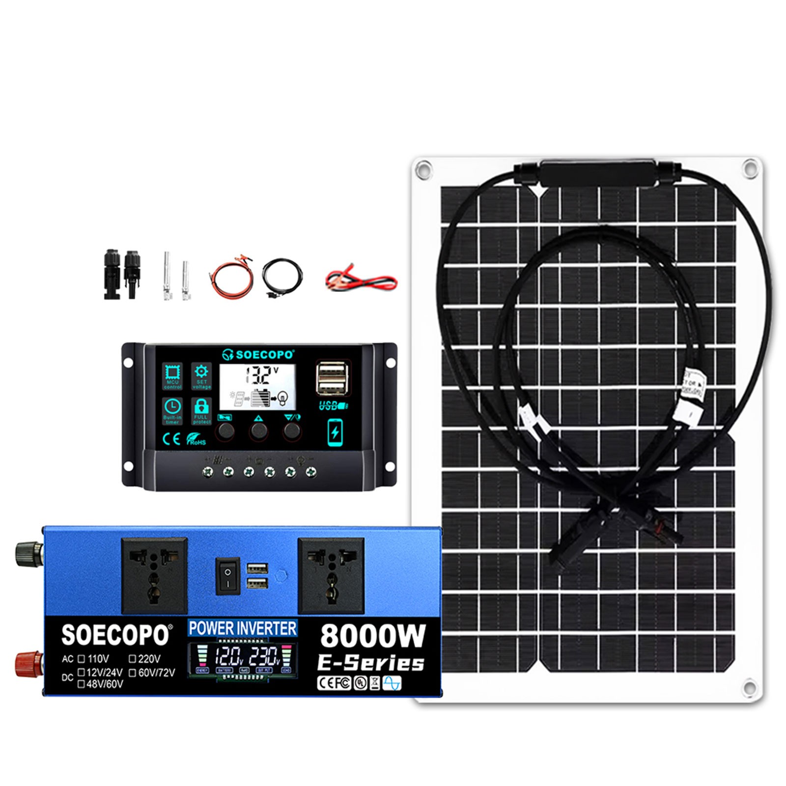 SOECOPO 8000W Peak Solar Kit 12V 24V to 110V/220V Inverter for RV Off-Grid Camp