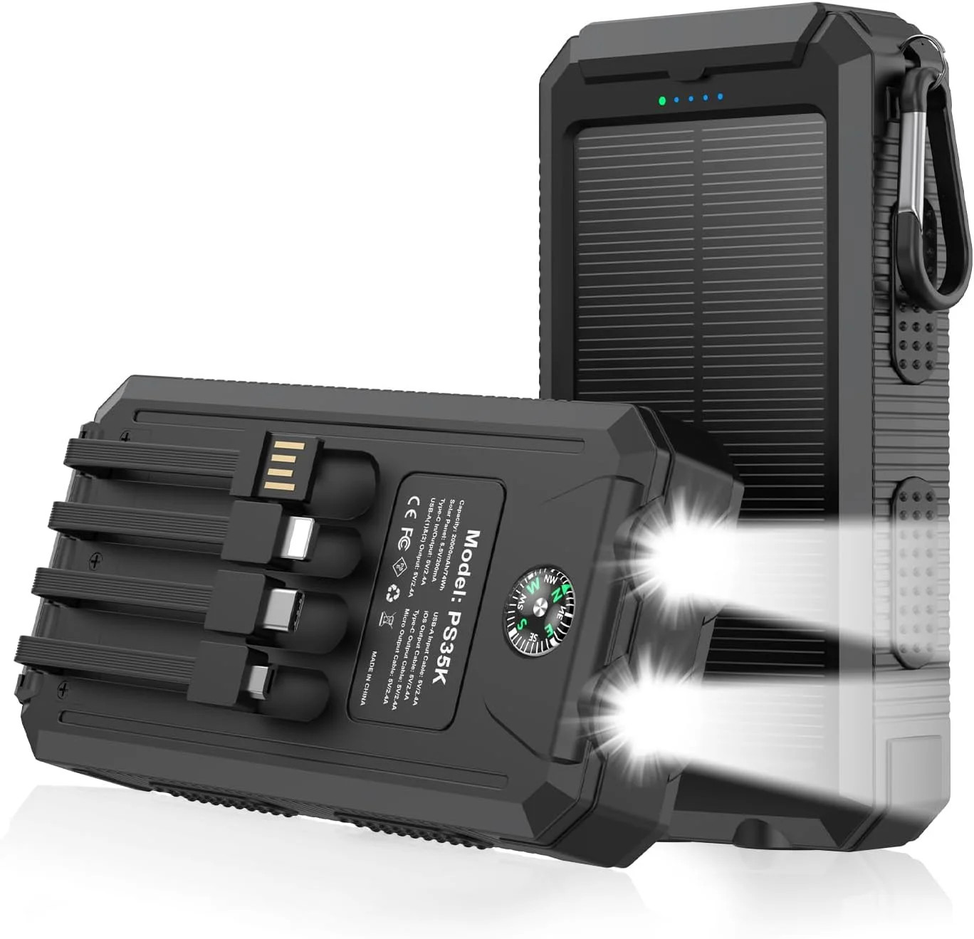 Solar Charger 20,000mAh, Portable Power Bank, 4 Cables Outdoor Waterproof Extern