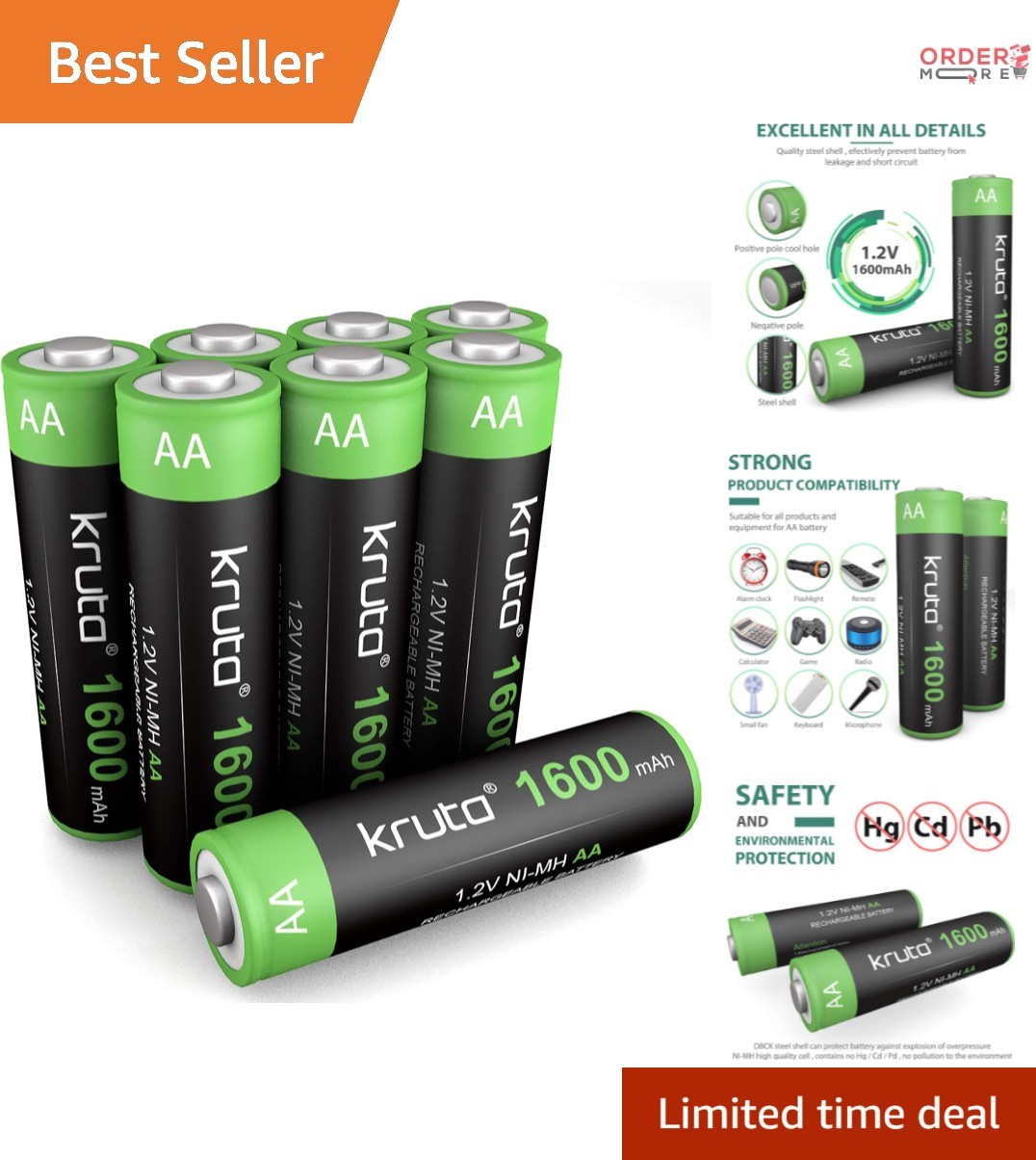 Rechargeable AA Solar Batteries 1600mAh Ni-MH Outdoor Lights Remote Toys