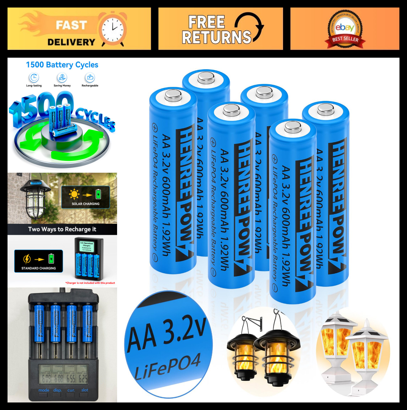 Rechargeable AA 3.2V LiFePO4 Solar Batteries 600mAh for Solar Lights – 6 Pack