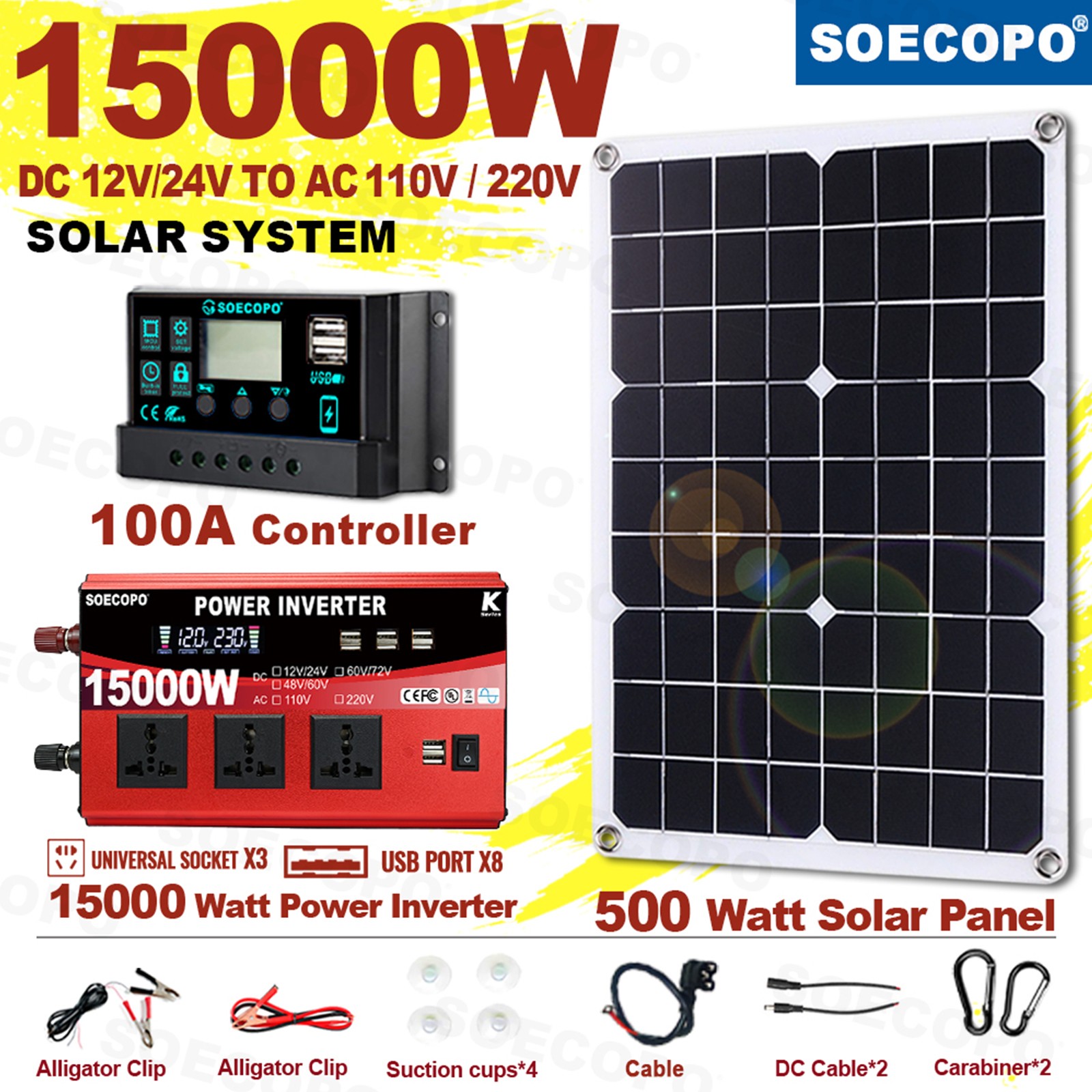 15000W Solar Power Kit with Accessories | 500W Panel + Controller +  Inverter