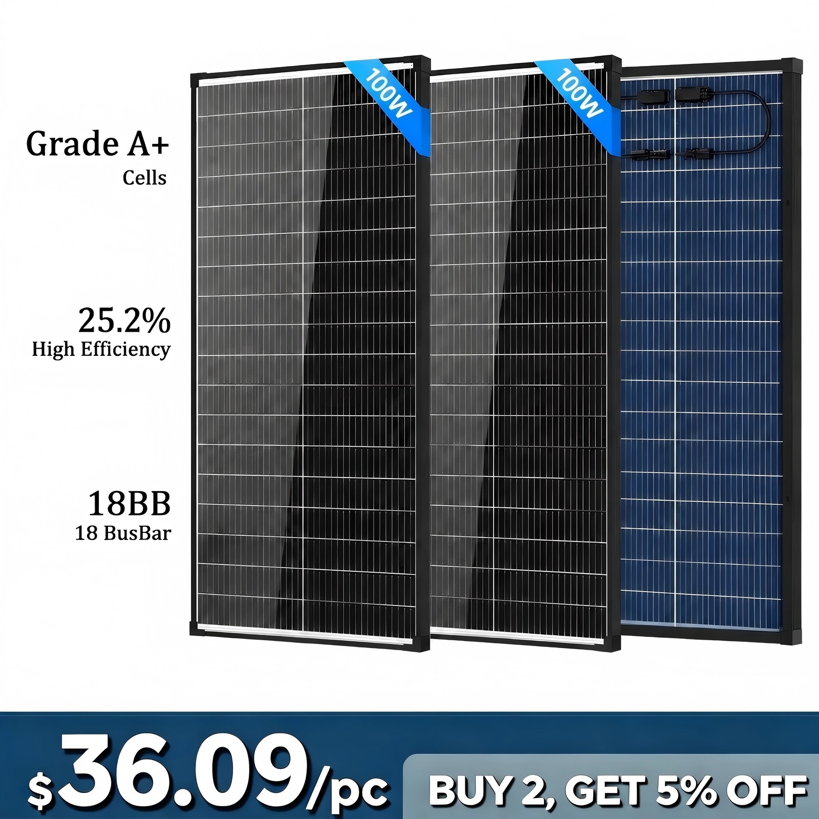 AeternaSol 2Pack 100W Bifacial Solar Panel 200W 18V Mono N-Type Home RV Off Grid