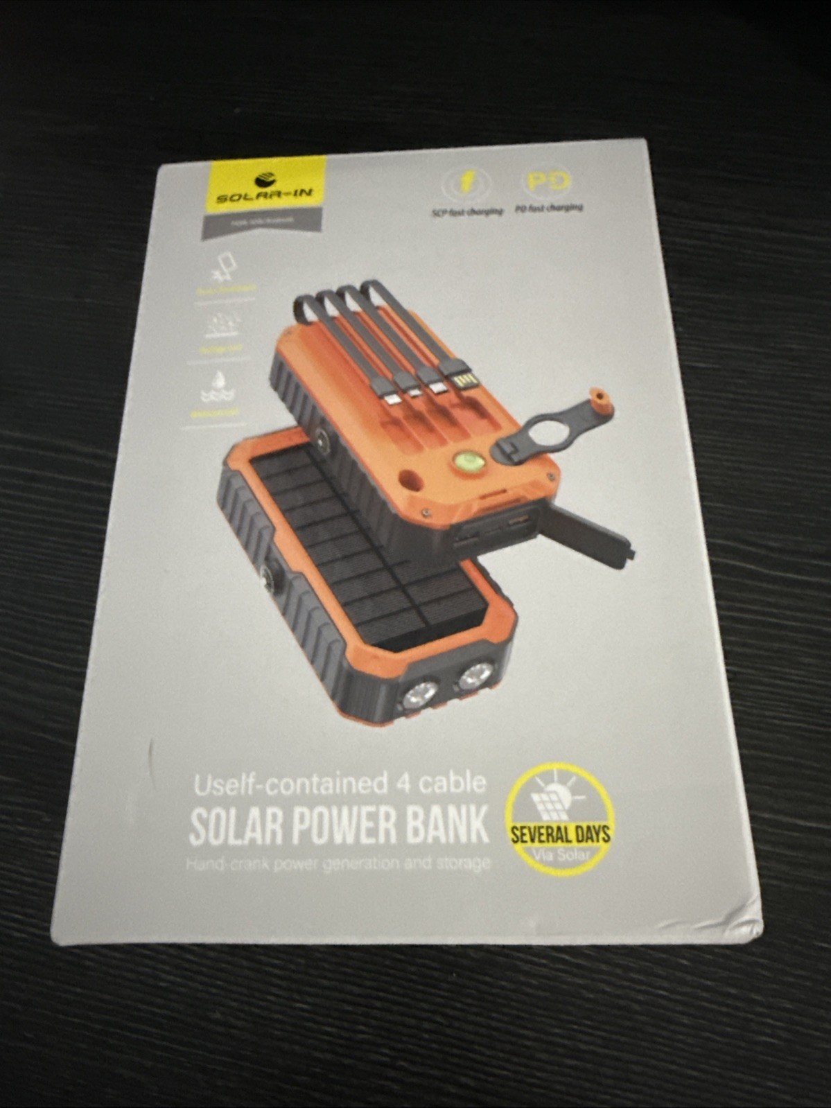 SOLAR-IN Solar Power Bank 40000Mah BLACK Charger 4 Built in Cables & Hand Crank