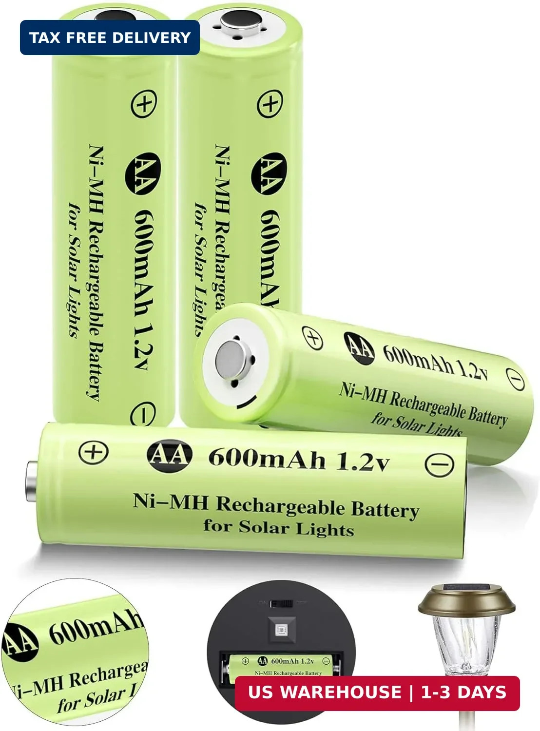 Ni-MH Rechargeable AA Batteries, AA 600mAh 1.2V Solar Batteries for Garden Lands