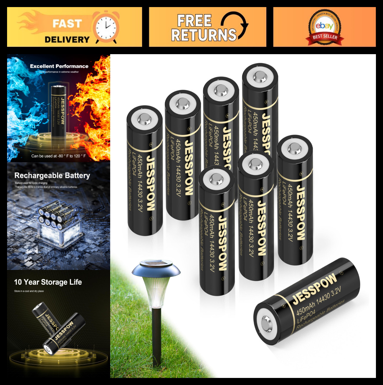 14430 3.2V Rechargeable Solar Batteries – 450mAh LiFePo4 8-Pack for Garden Light