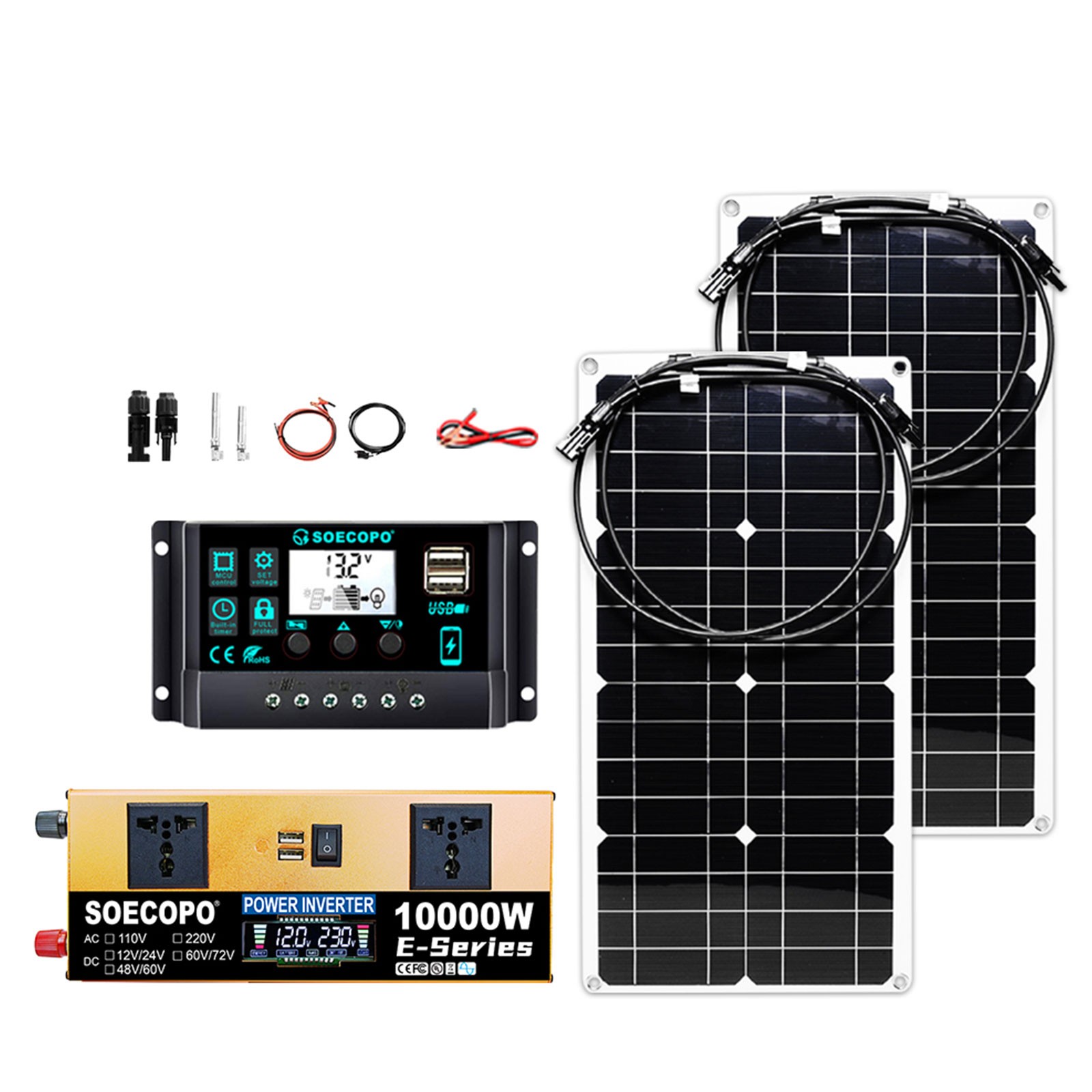 SOECOPO off grid portable 10000W Peak Solar Kit 2pcs Flexible Panel Controller