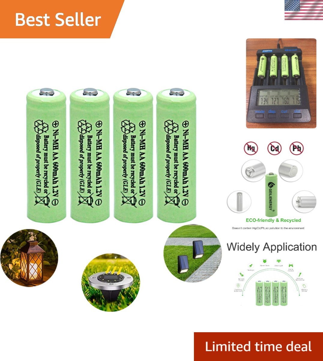 Durable Rechargeable AA Solar Batteries 600mAh Pack of 4 for Outdoor Lights