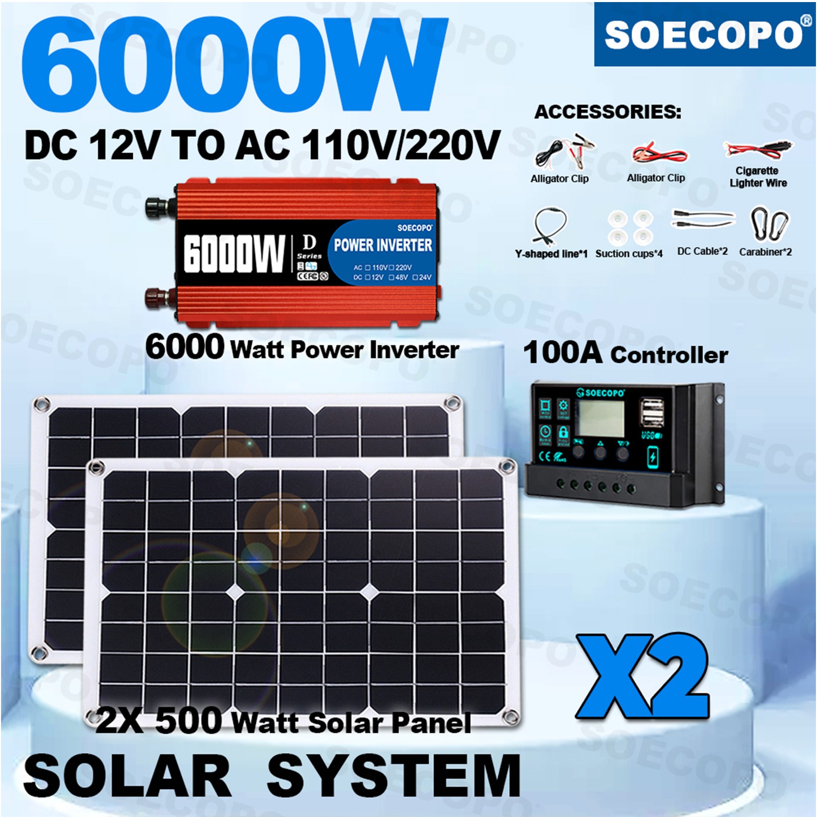 6000W Solar Kit: Inverter (12V to 110V/220V), 2pcs Solar Panels,Controller 100A