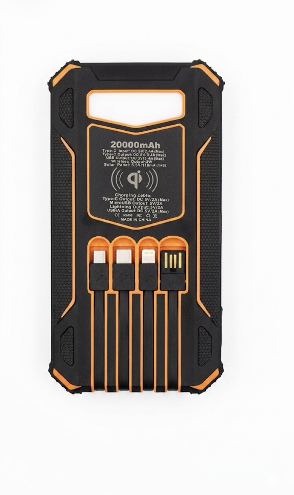 20000mAh Foldable Solar Power Bank Fast Charge Wireless Outdoor Black/Orange